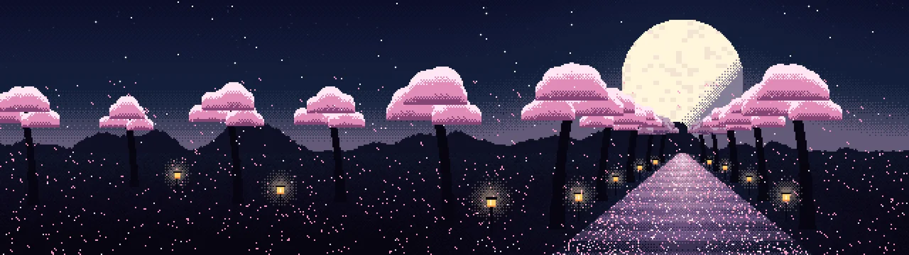Navy Pixel Art Cherry Blossom Path dual monitor wallpaper, 7680 × 2160