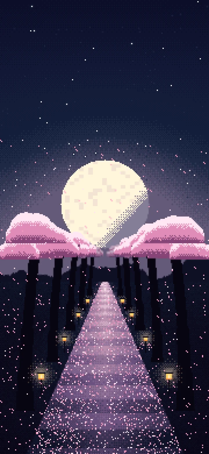 Navy Pixel Art Cherry Blossom Path wallpaper for iPhone and Android