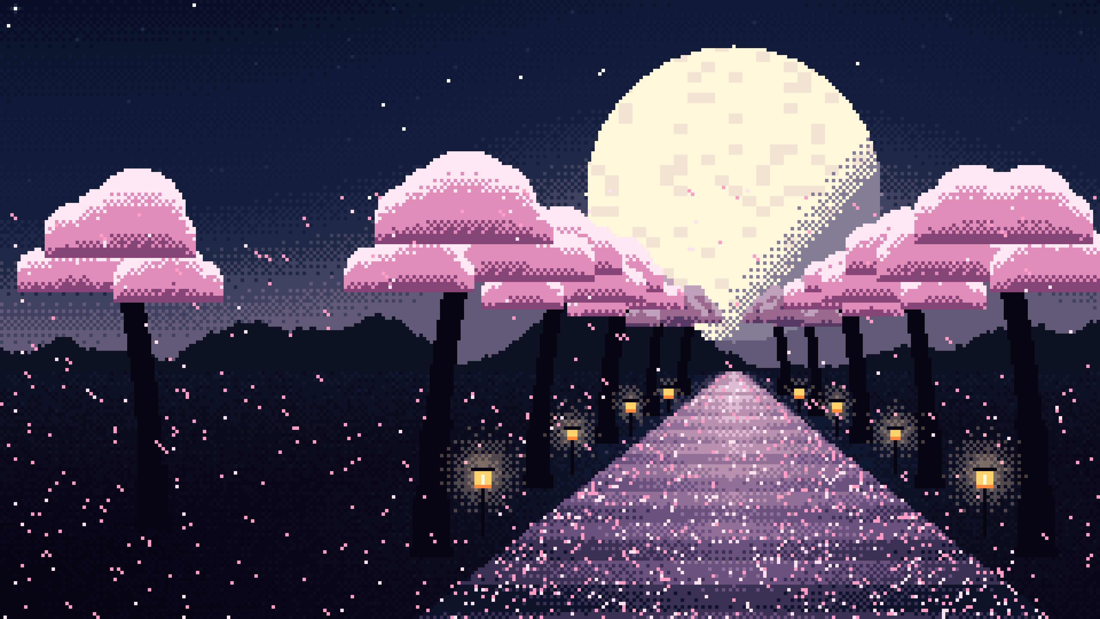 Navy Pixel Art Cherry Blossom Path desktop wallpaper in 4K