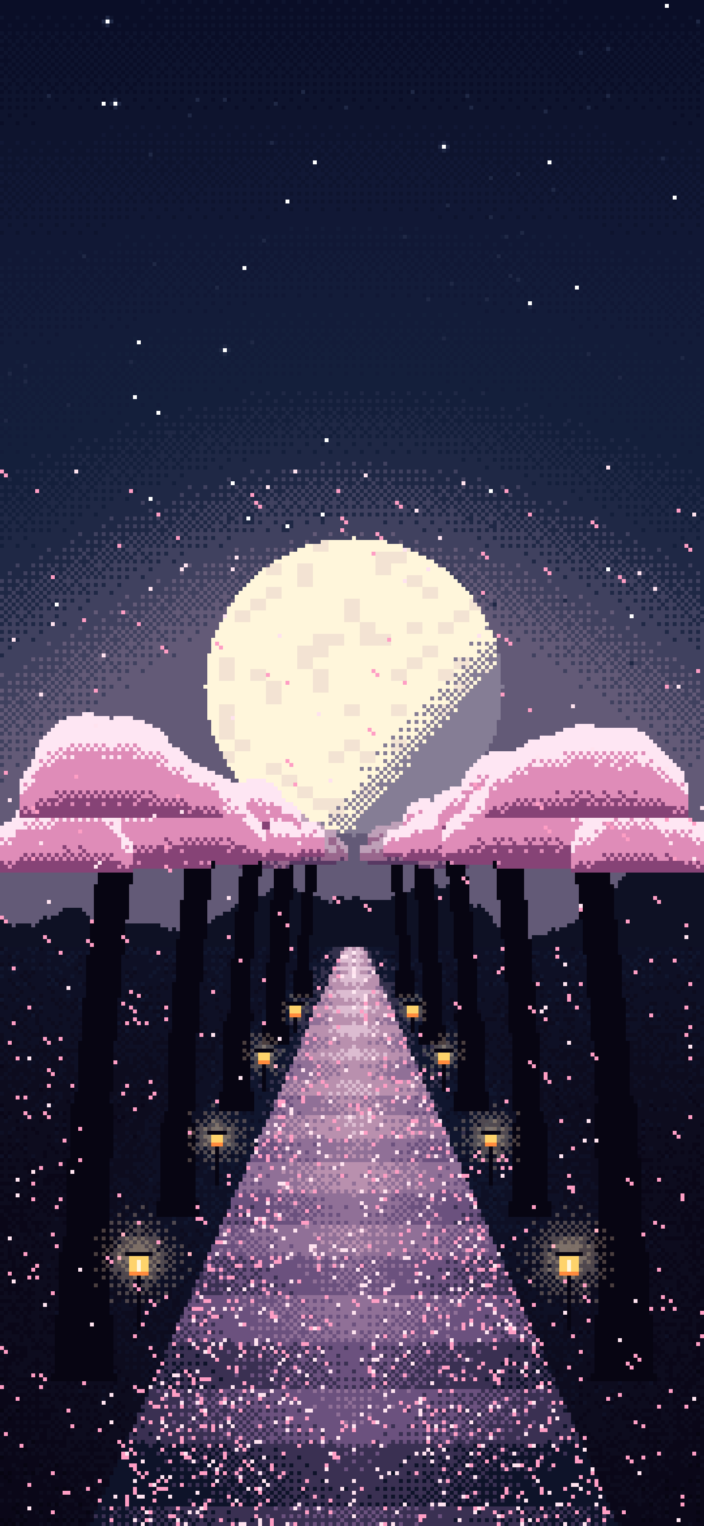 Navy Pixel Art Cherry Blossom Path wallpaper for iPhone and Android