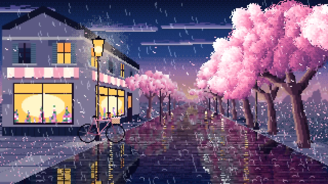 Navy Pixel Art Cherry Blossom Street in the Rain desktop wallpaper in 4K
