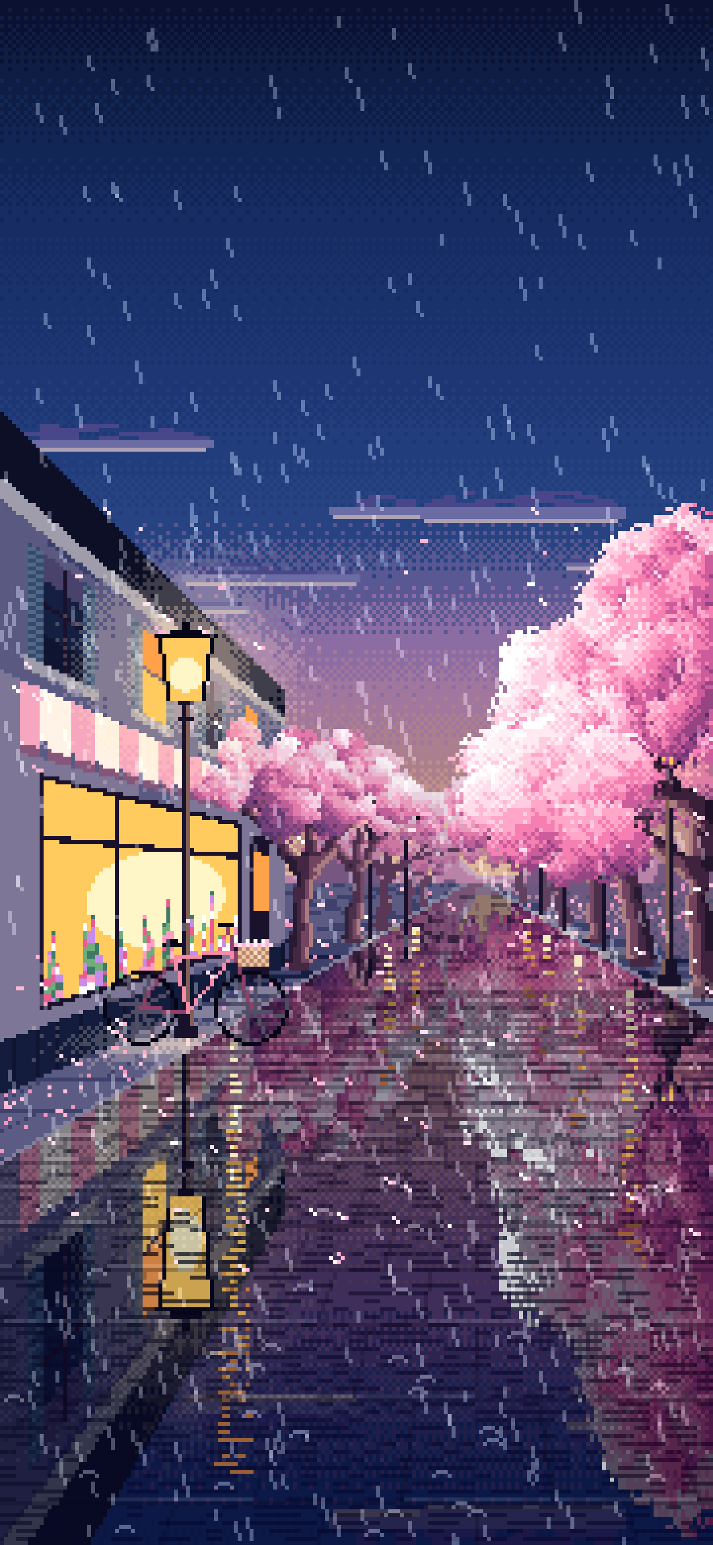 Navy Pixel Art Cherry Blossom Street in the Rain wallpaper for iPhone and Android
