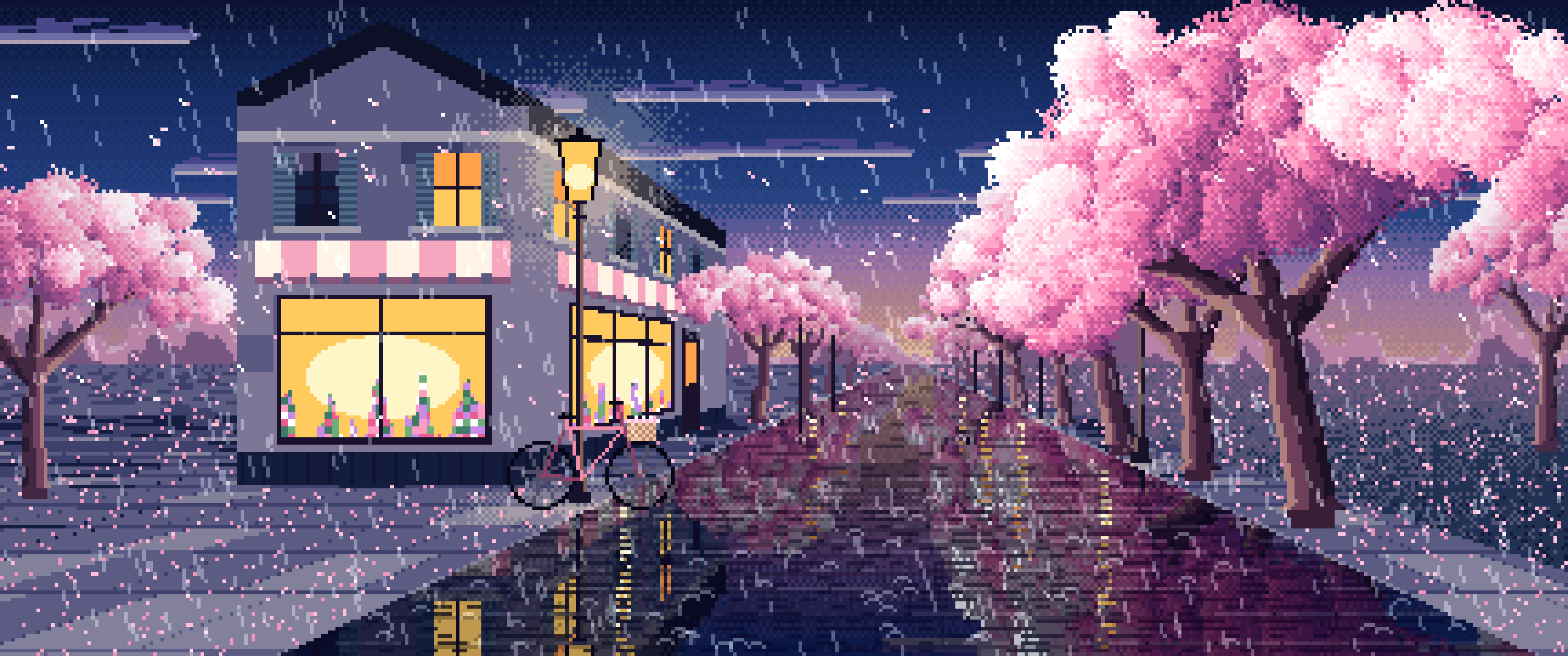 Navy Pixel Art Cherry Blossom Street in the Rain ultrawide wallpaper, 3440 × 1440