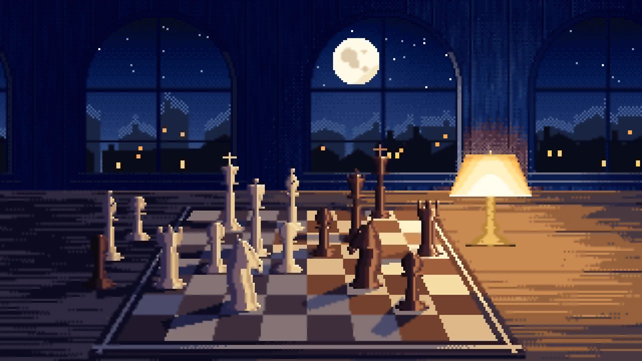 Navy Pixel Art Chess Board by a Moonlit Window desktop wallpaper in 4K