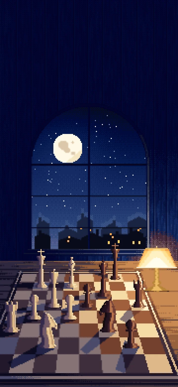 Navy Pixel Art Chess Board by a Moonlit Window wallpaper for iPhone and Android