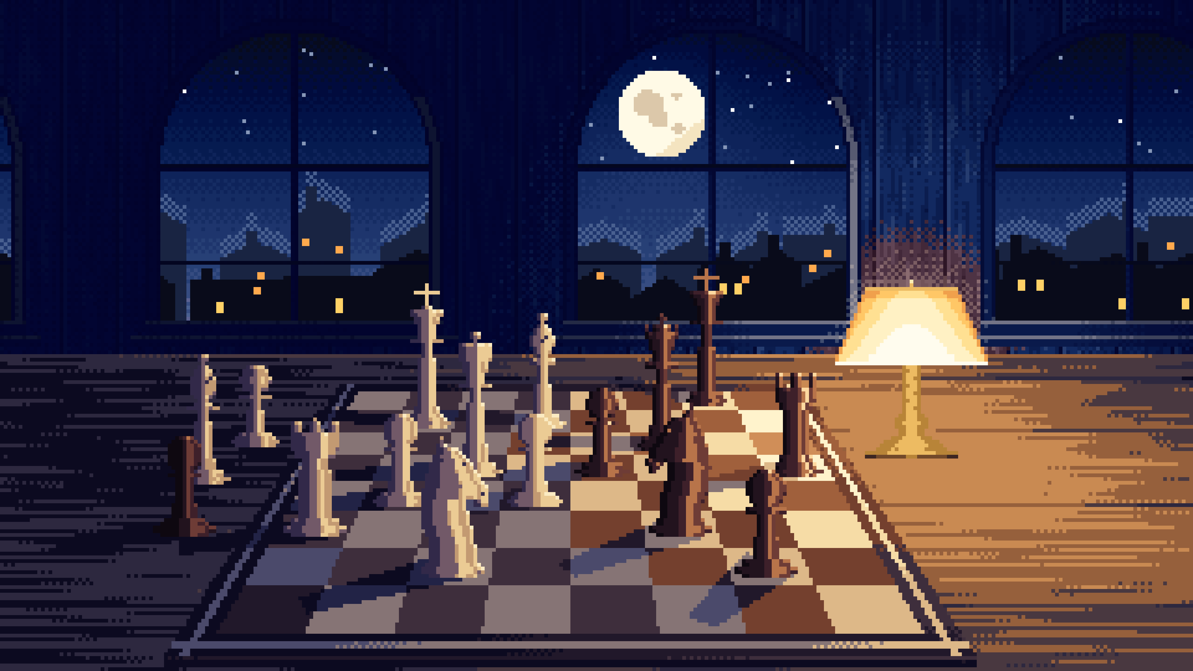 Navy Pixel Art Chess Board by a Moonlit Window desktop wallpaper in 4K