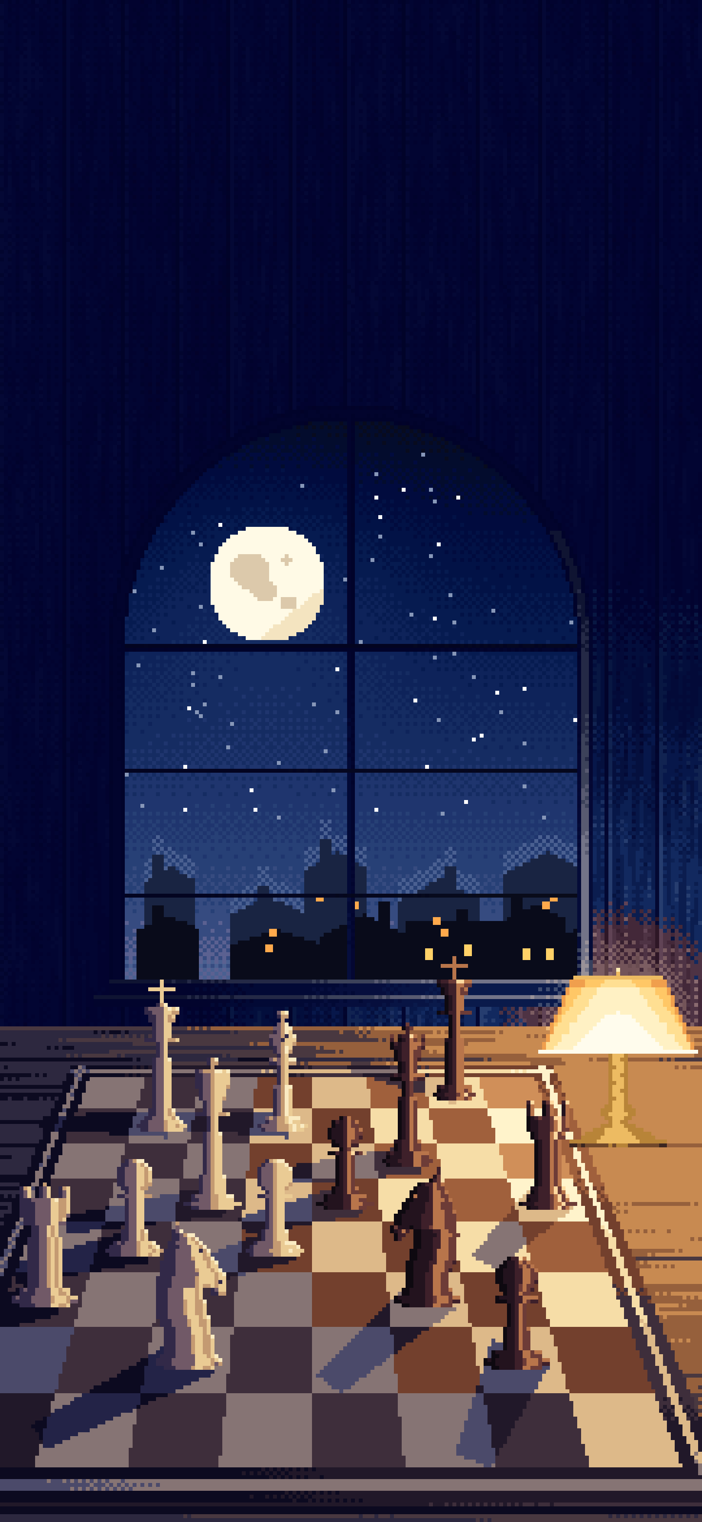 Navy Pixel Art Chess Board by a Moonlit Window wallpaper for iPhone and Android