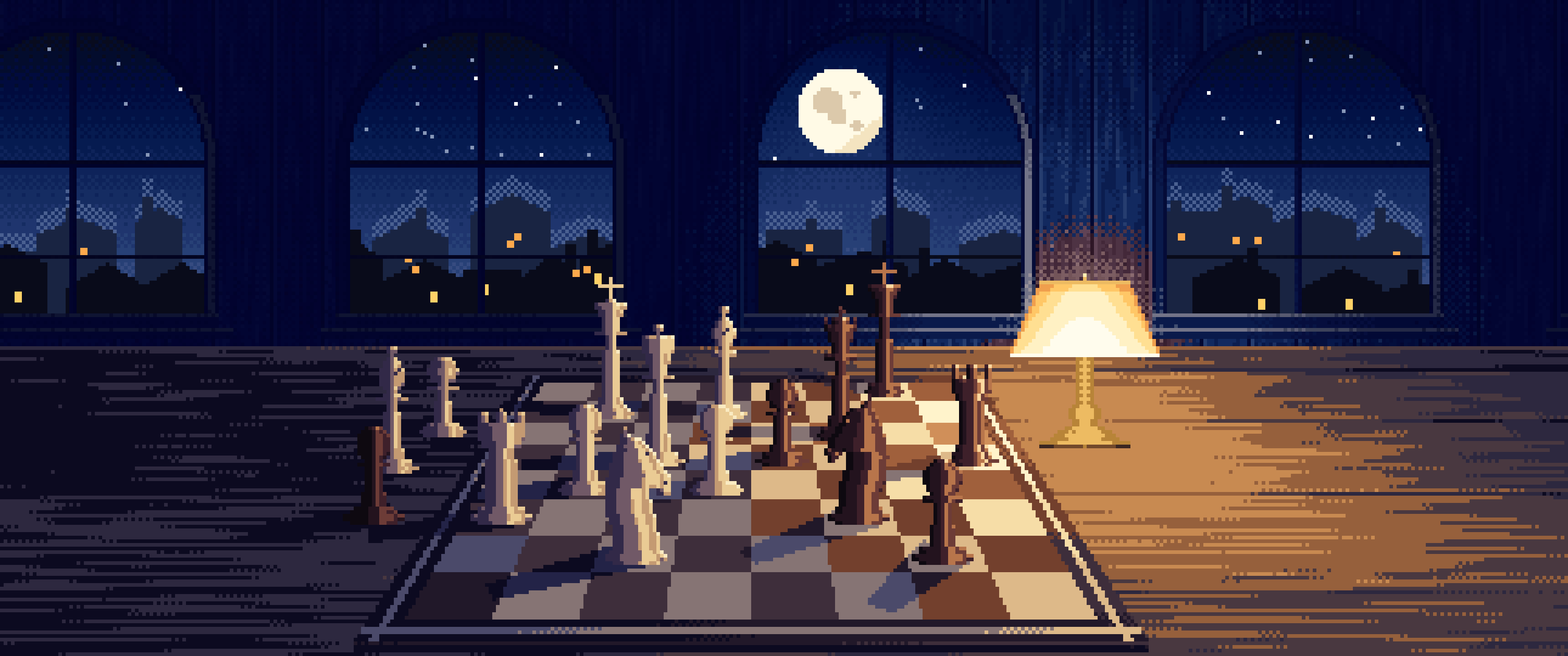 Navy Pixel Art Chess Board by a Moonlit Window ultrawide wallpaper, 3440 × 1440