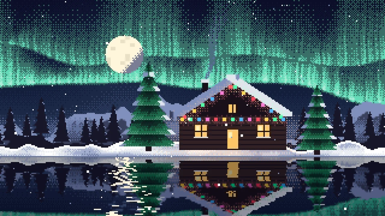 Navy Pixel Art Christmas Cabin desktop wallpaper in 4K