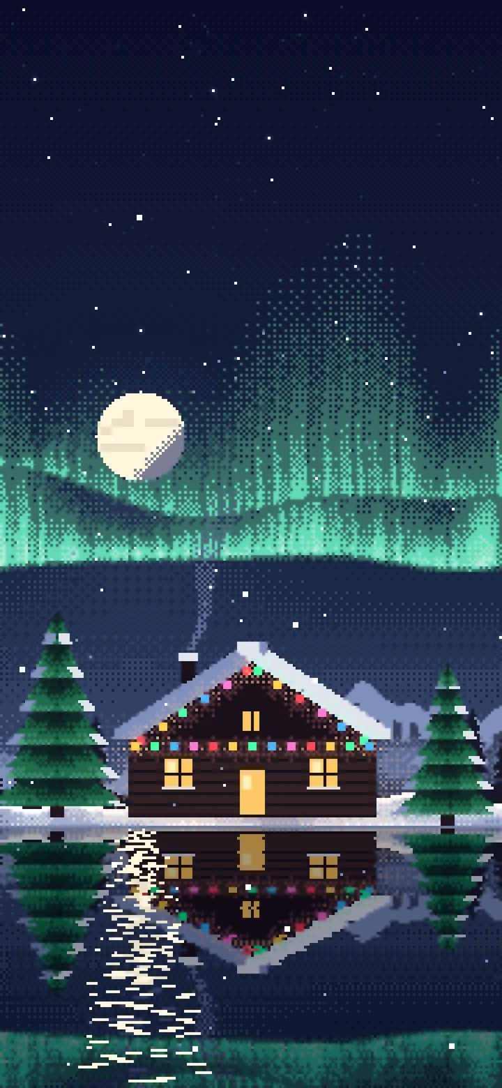 Navy Pixel Art Christmas Cabin wallpaper for iPhone and Android