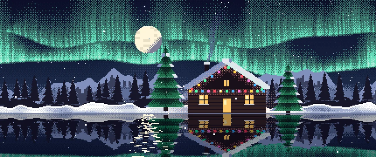 Navy Pixel Art Christmas Cabin ultrawide wallpaper, 3440 × 1440