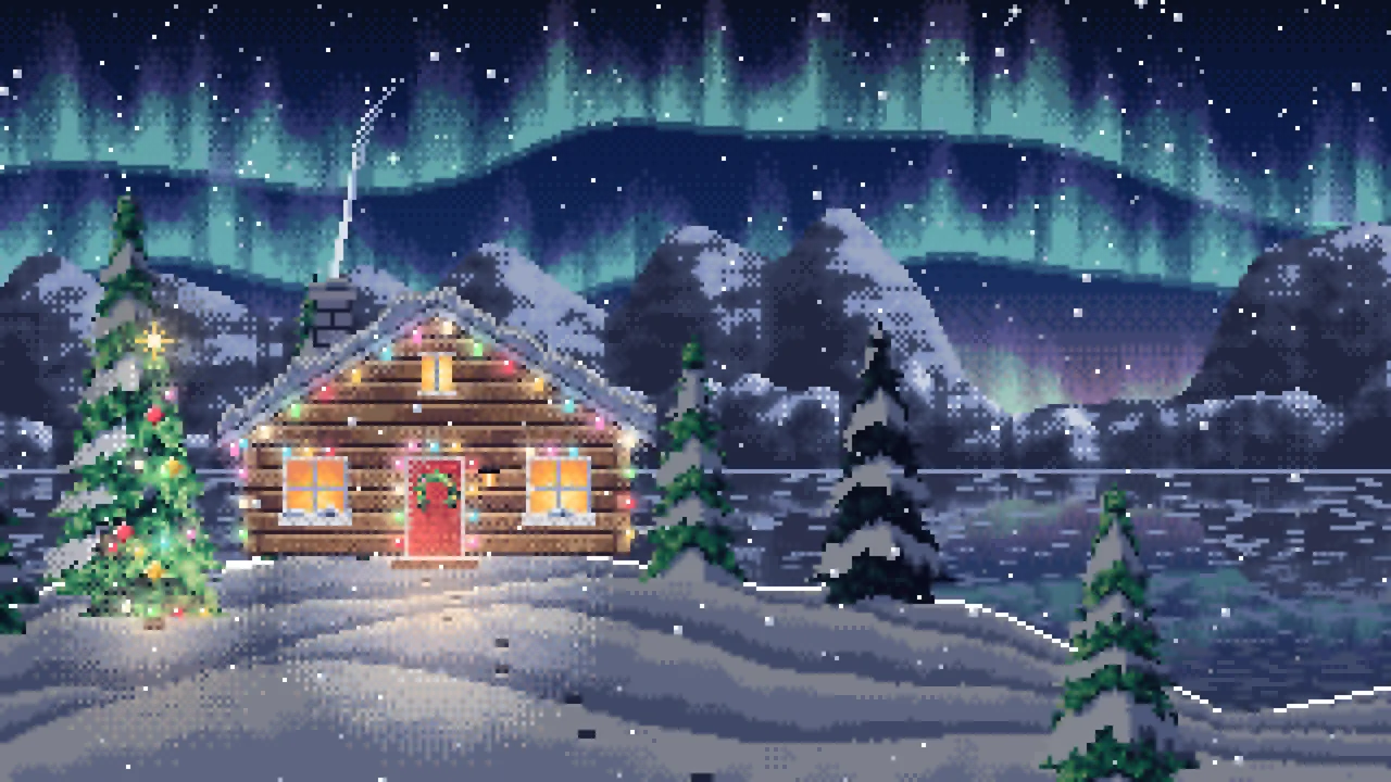 Navy Pixel Art Christmas Cabin Under the Northern Lights desktop wallpaper in 4K