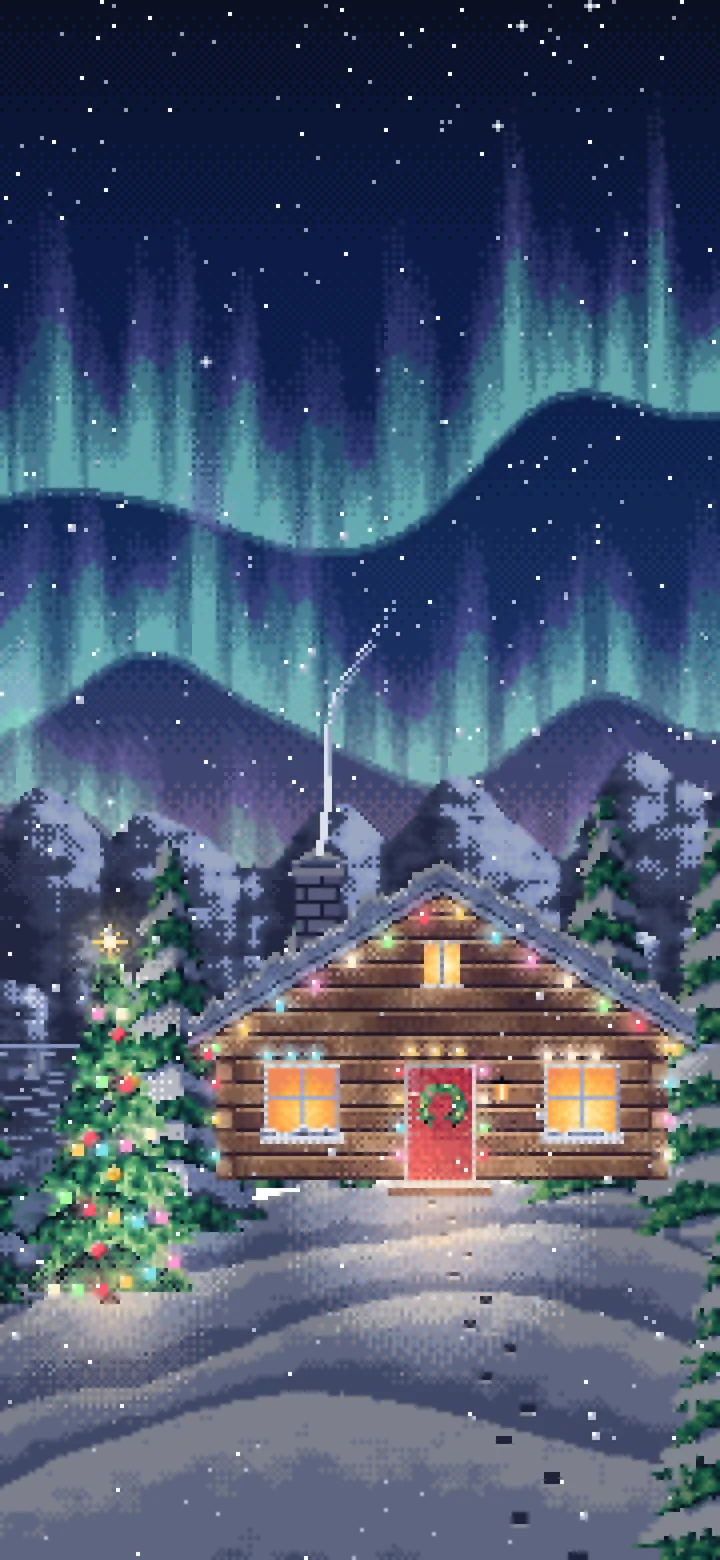 Navy Pixel Art Christmas Cabin Under the Northern Lights wallpaper for iPhone and Android