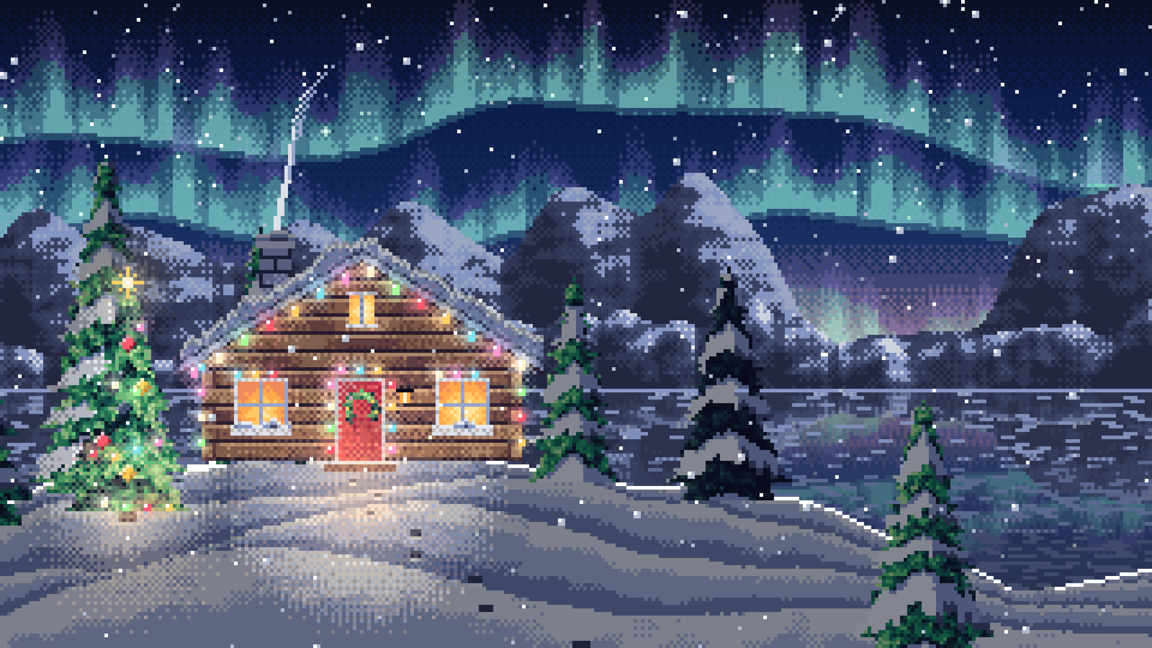 Navy Pixel Art Christmas Cabin Under the Northern Lights desktop wallpaper in 4K
