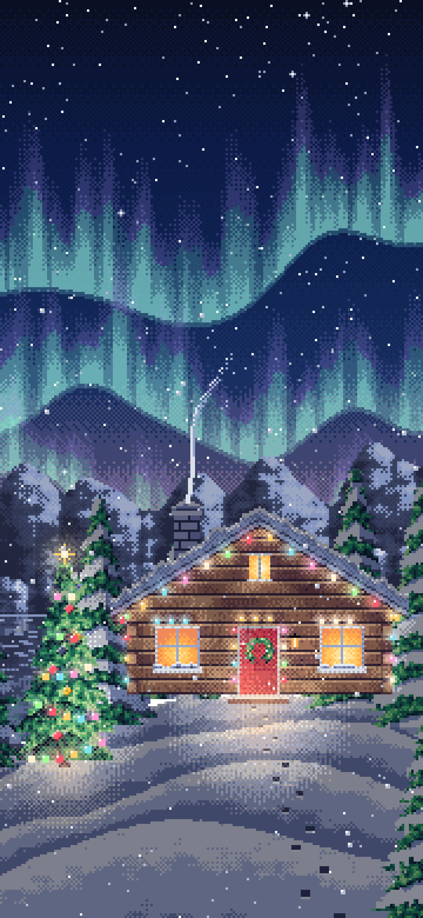 Navy Pixel Art Christmas Cabin Under the Northern Lights wallpaper for iPhone and Android