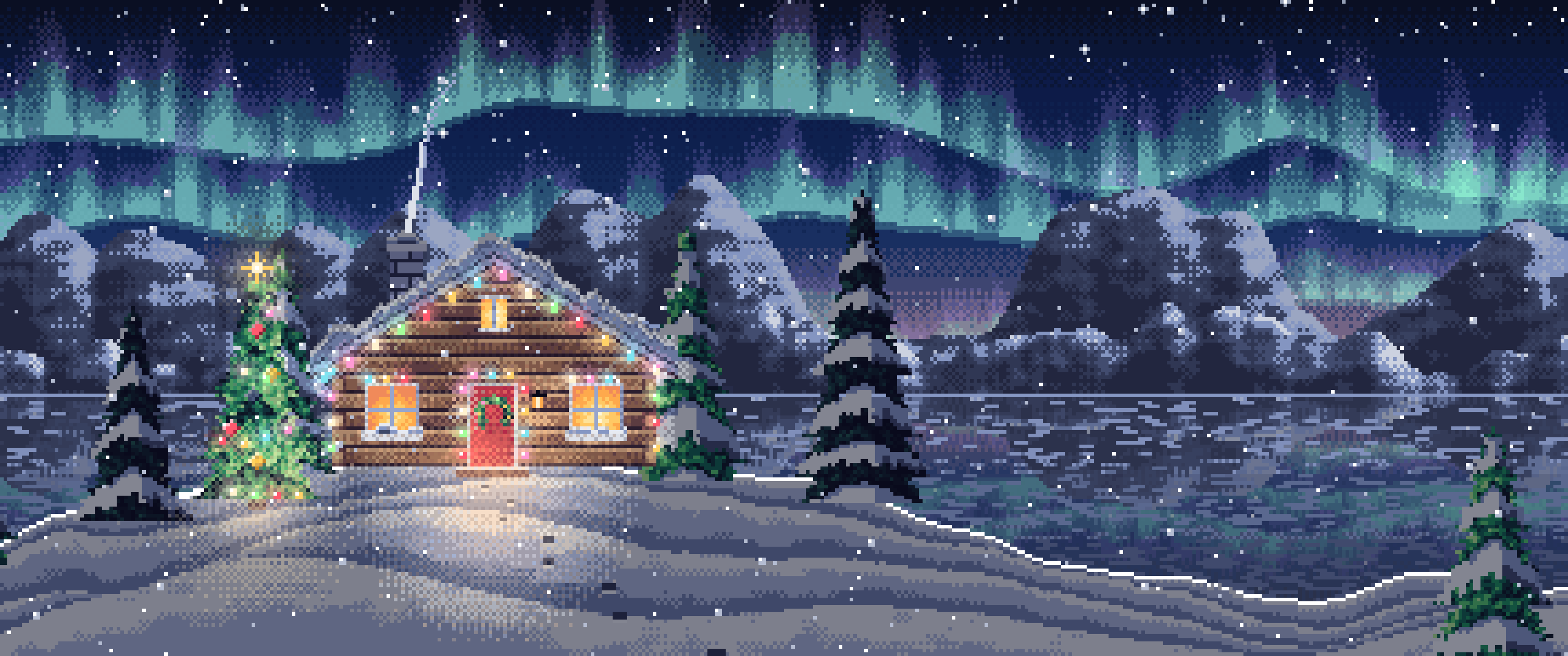 Navy Pixel Art Christmas Cabin Under the Northern Lights ultrawide wallpaper, 3440 × 1440