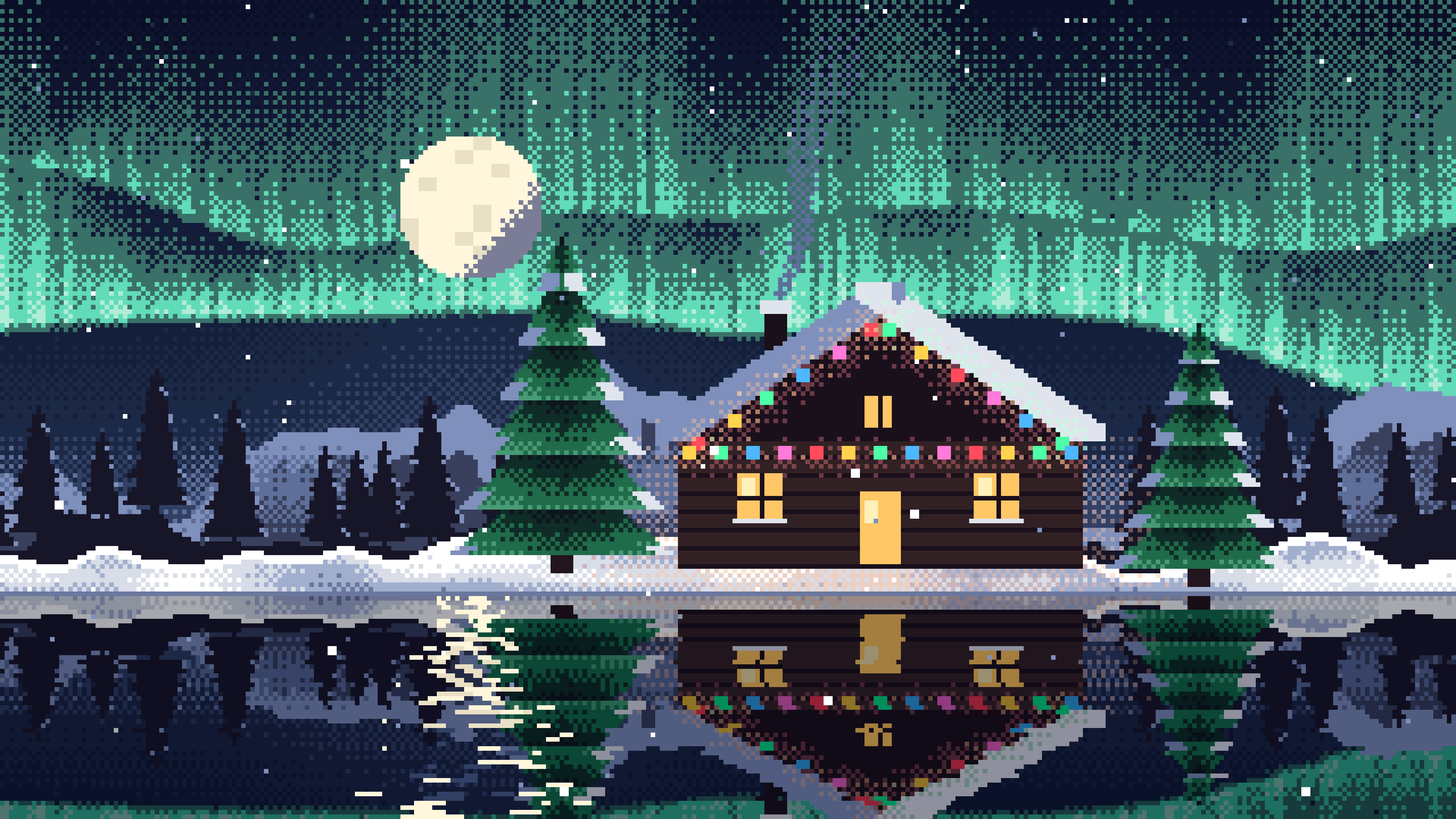 Navy Pixel Art Christmas Cabin desktop wallpaper in 4K