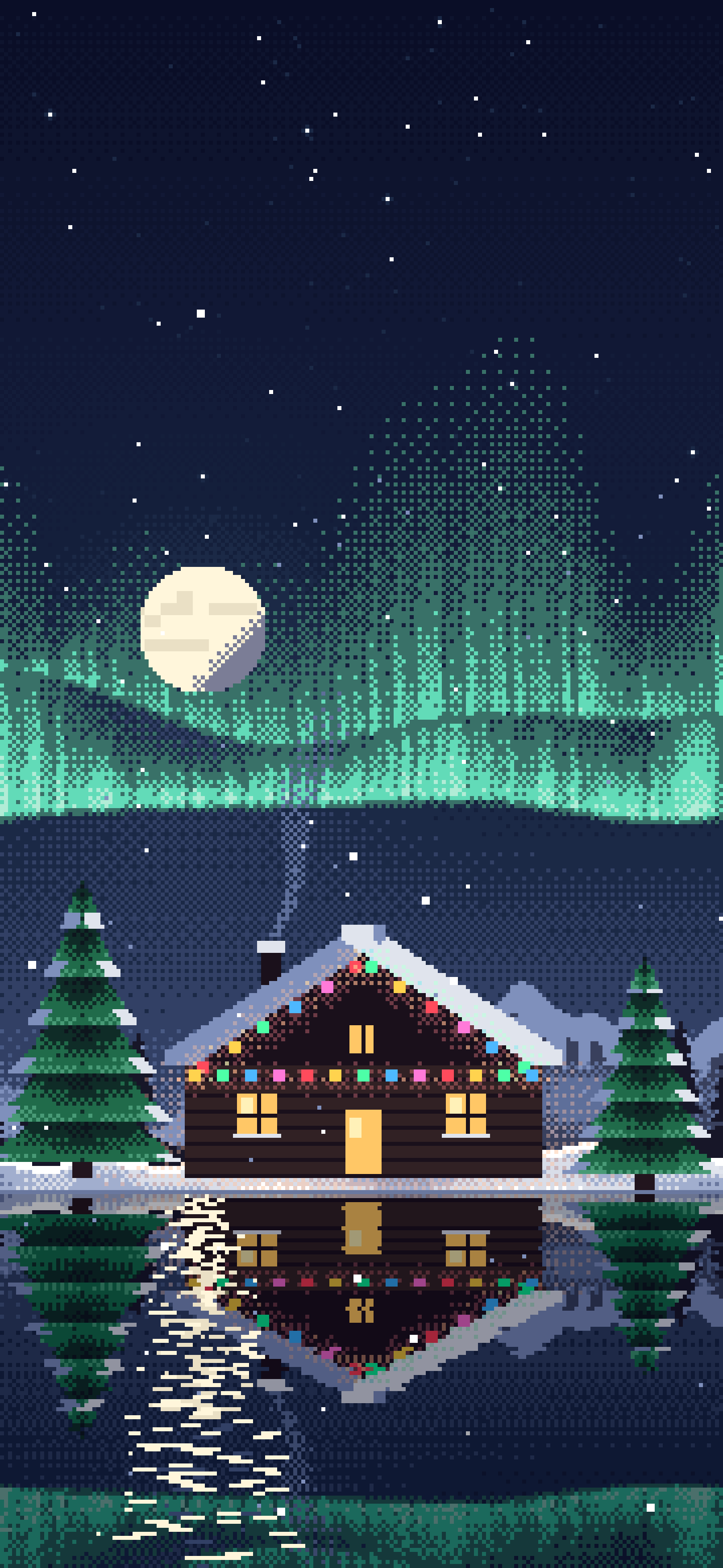 Navy Pixel Art Christmas Cabin wallpaper for iPhone and Android