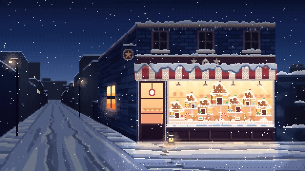 Navy Pixel Art Christmas Gingerbread Bakery desktop wallpaper in 4K