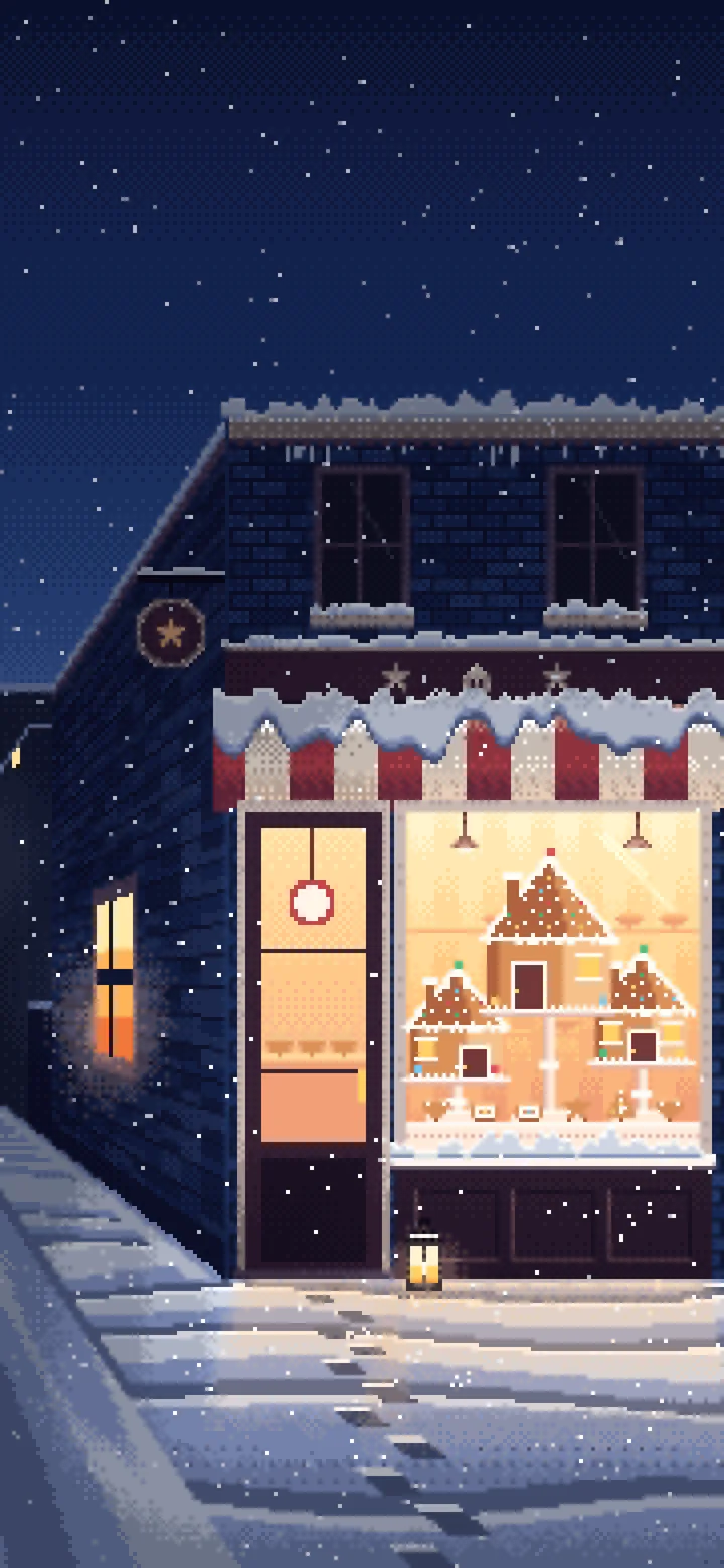Navy Pixel Art Christmas Gingerbread Bakery wallpaper for iPhone and Android
