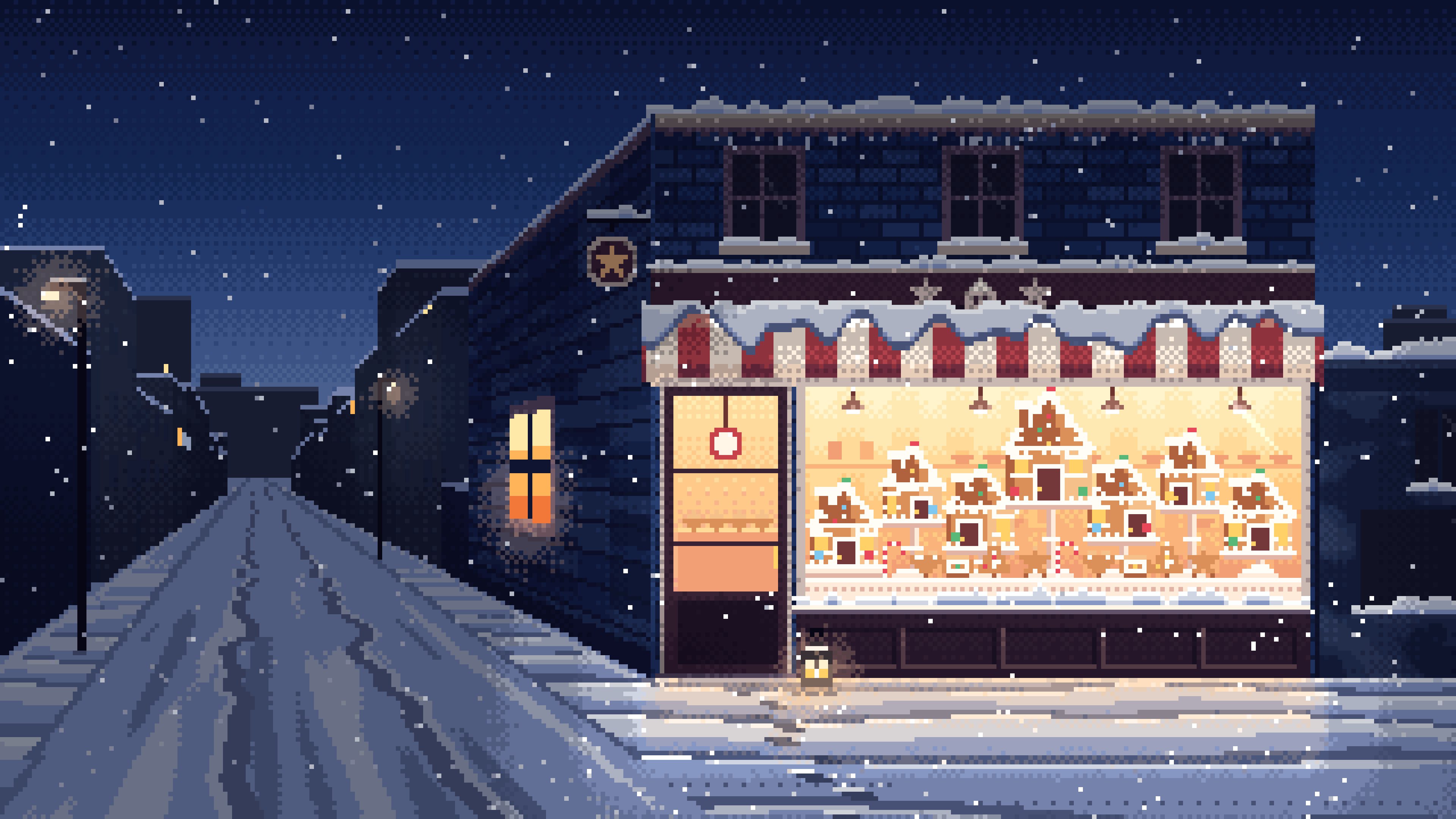 Navy Pixel Art Christmas Gingerbread Bakery desktop wallpaper in 4K