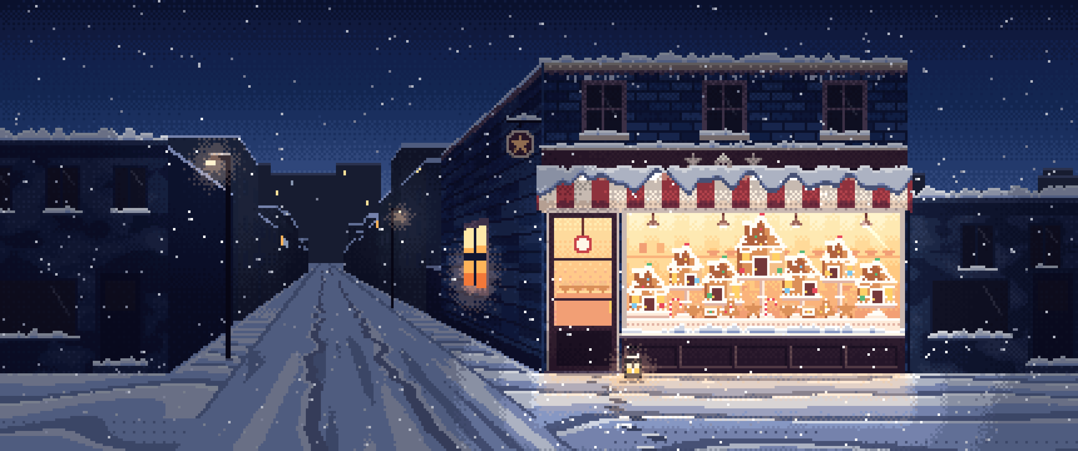 Navy Pixel Art Christmas Gingerbread Bakery ultrawide wallpaper, 3440 × 1440