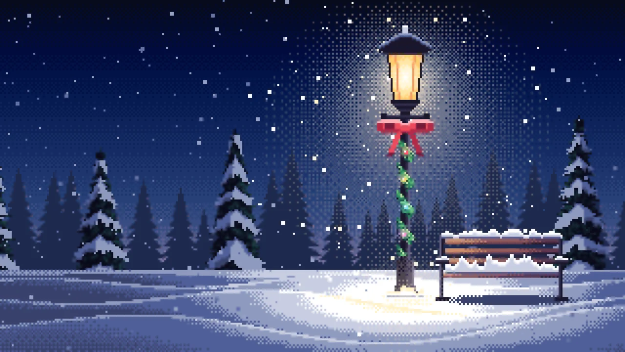 Navy Pixel Art Christmas Lamp Post in the Snow desktop wallpaper in 4K