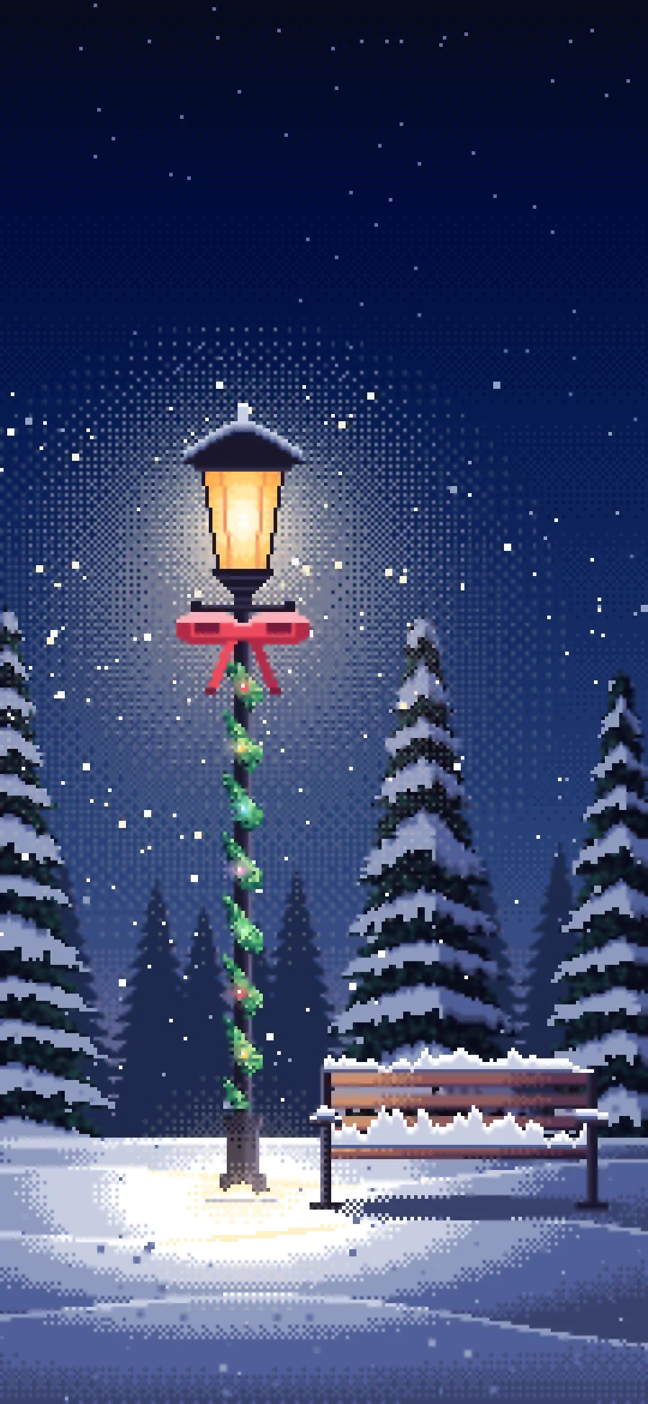 Navy Pixel Art Christmas Lamp Post in the Snow wallpaper for iPhone and Android