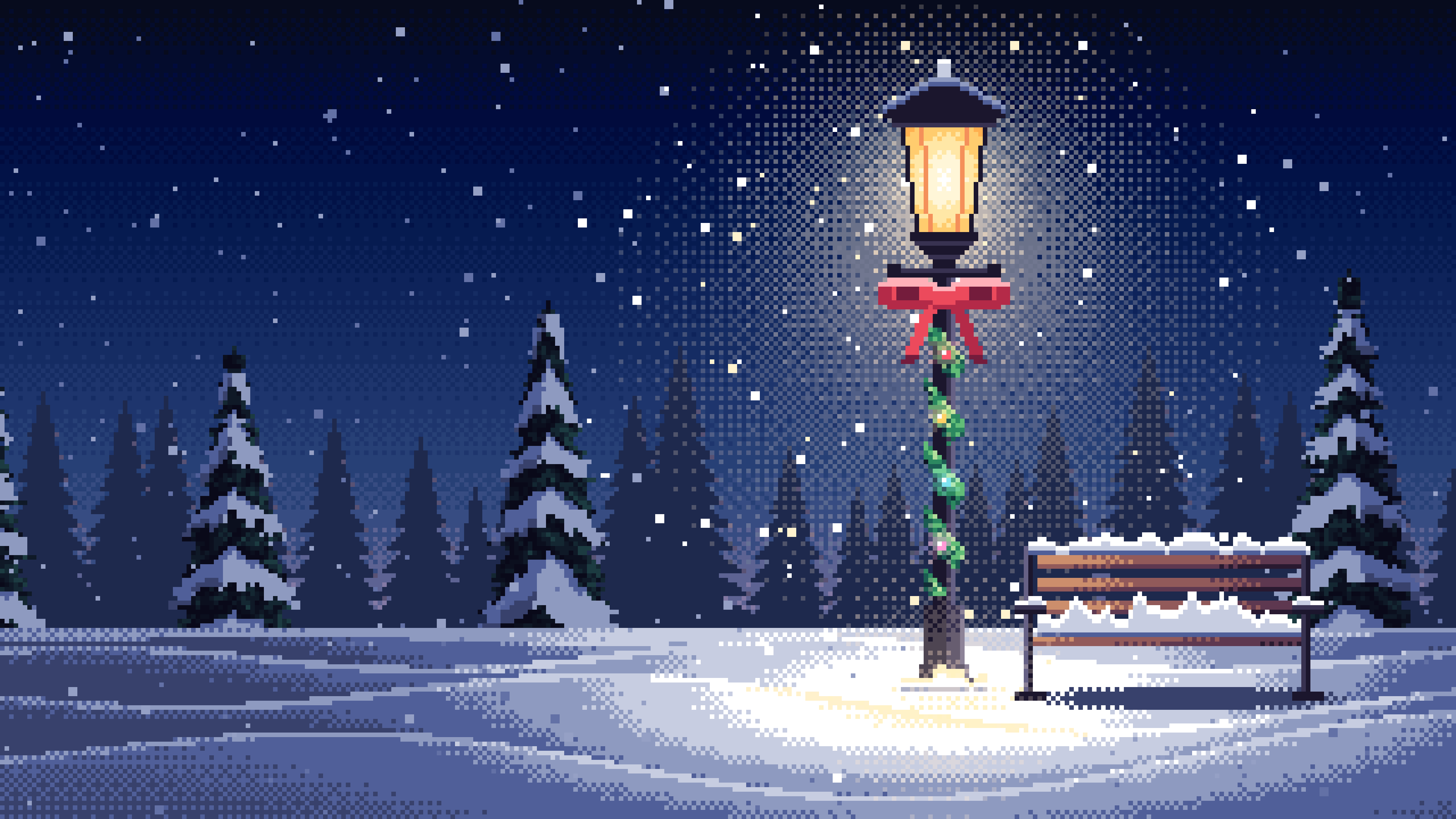 Navy Pixel Art Christmas Lamp Post in the Snow desktop wallpaper in 4K