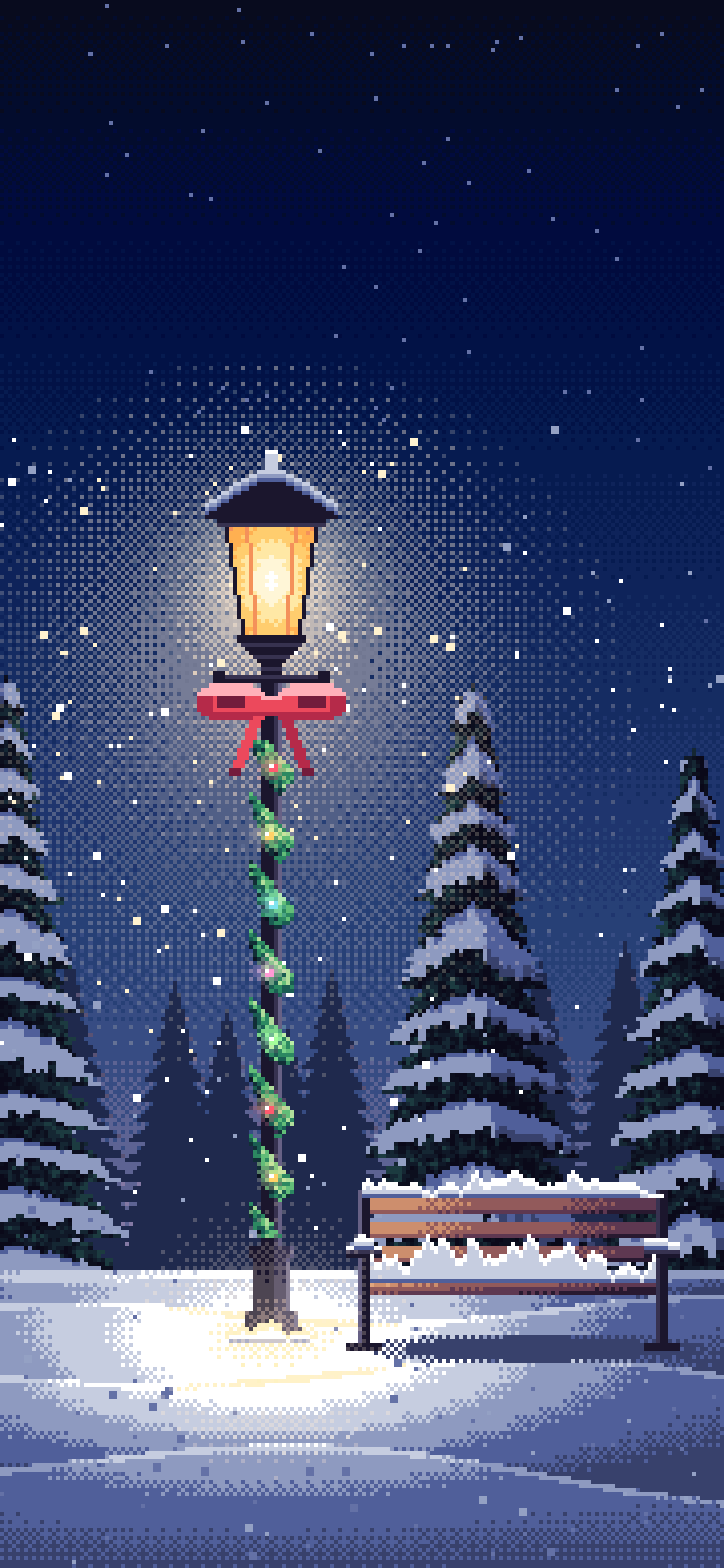 Navy Pixel Art Christmas Lamp Post in the Snow wallpaper for iPhone and Android