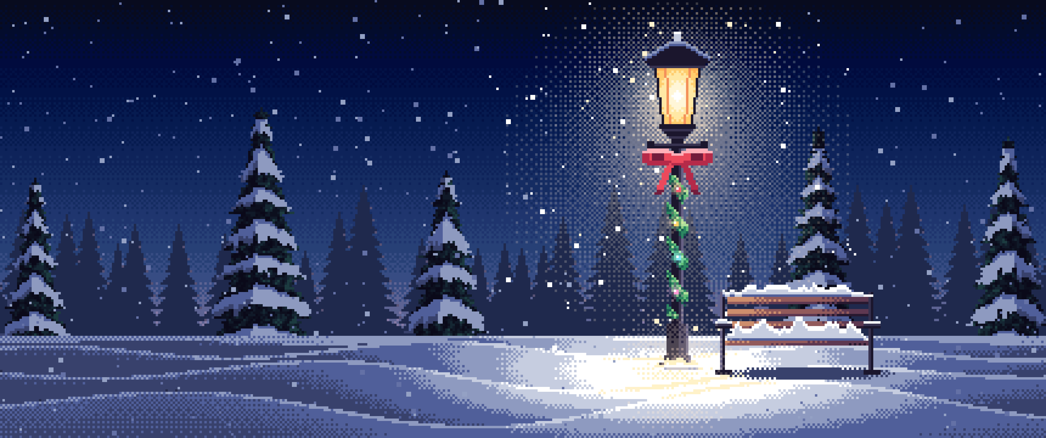 Navy Pixel Art Christmas Lamp Post in the Snow ultrawide wallpaper, 3440 × 1440