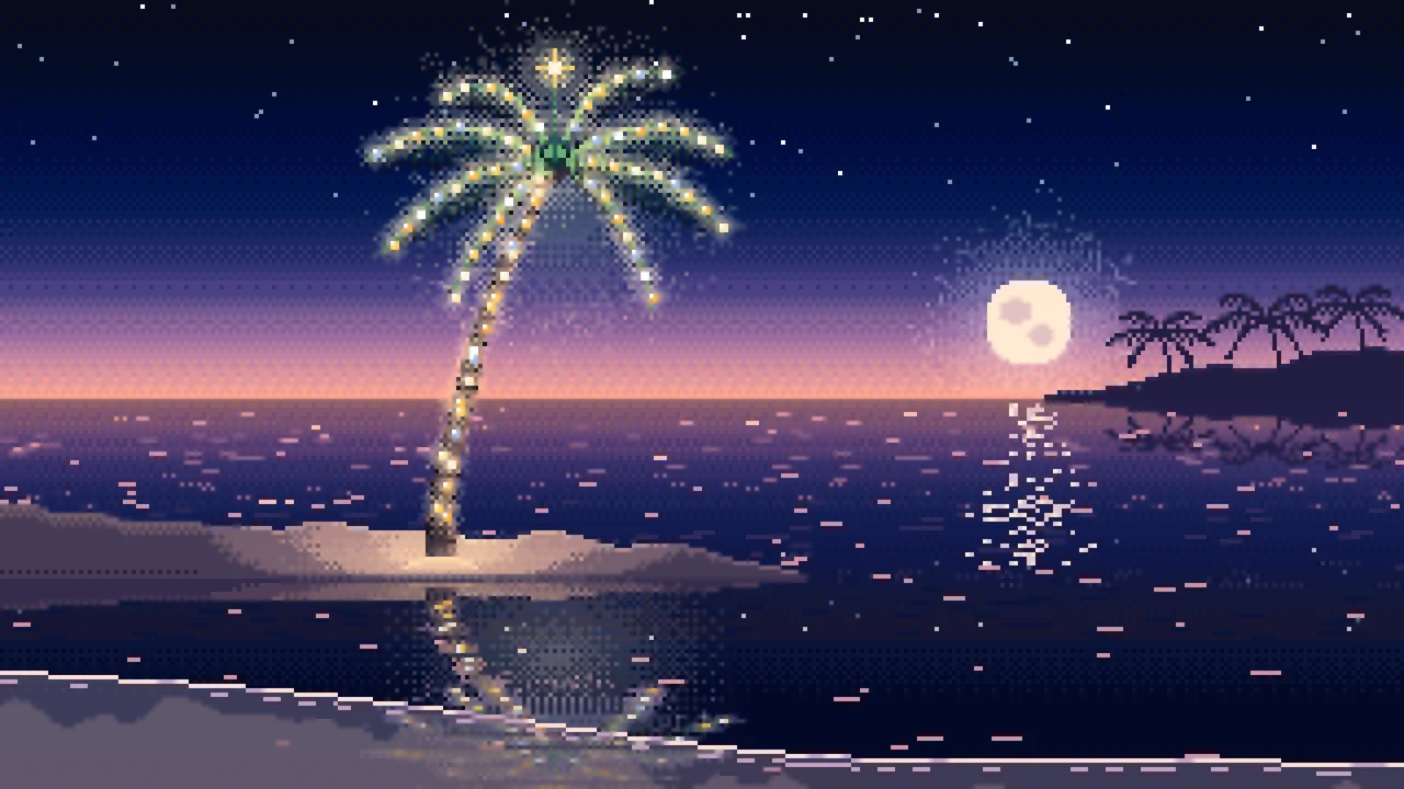 Navy Pixel Art Christmas Palm Tree on the Beach desktop wallpaper in 4K