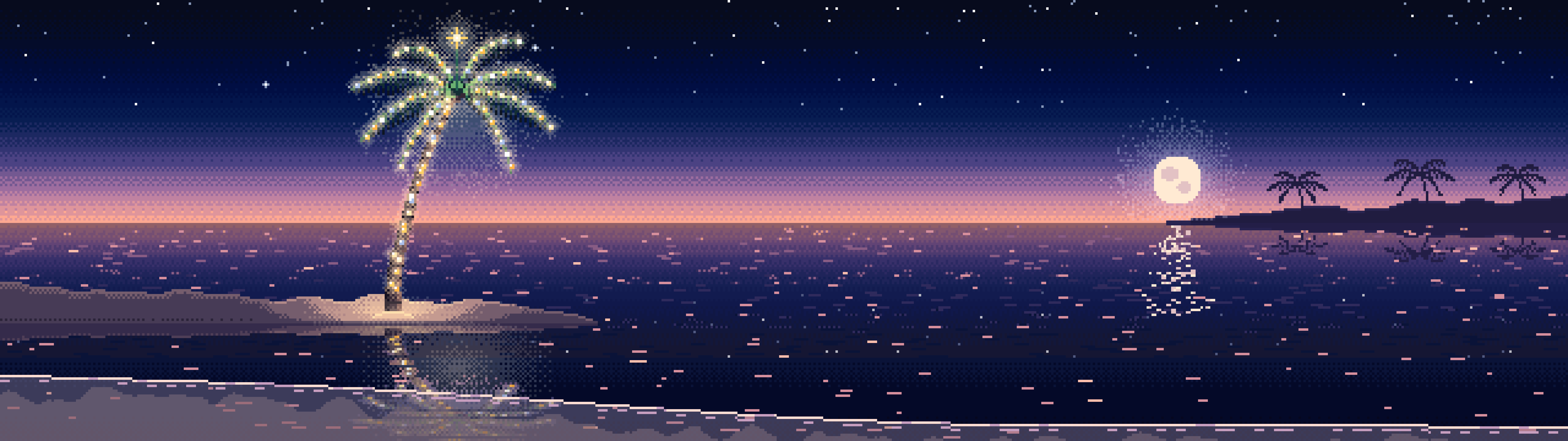Navy Pixel Art Christmas Palm Tree on the Beach dual monitor wallpaper, 7680 × 2160