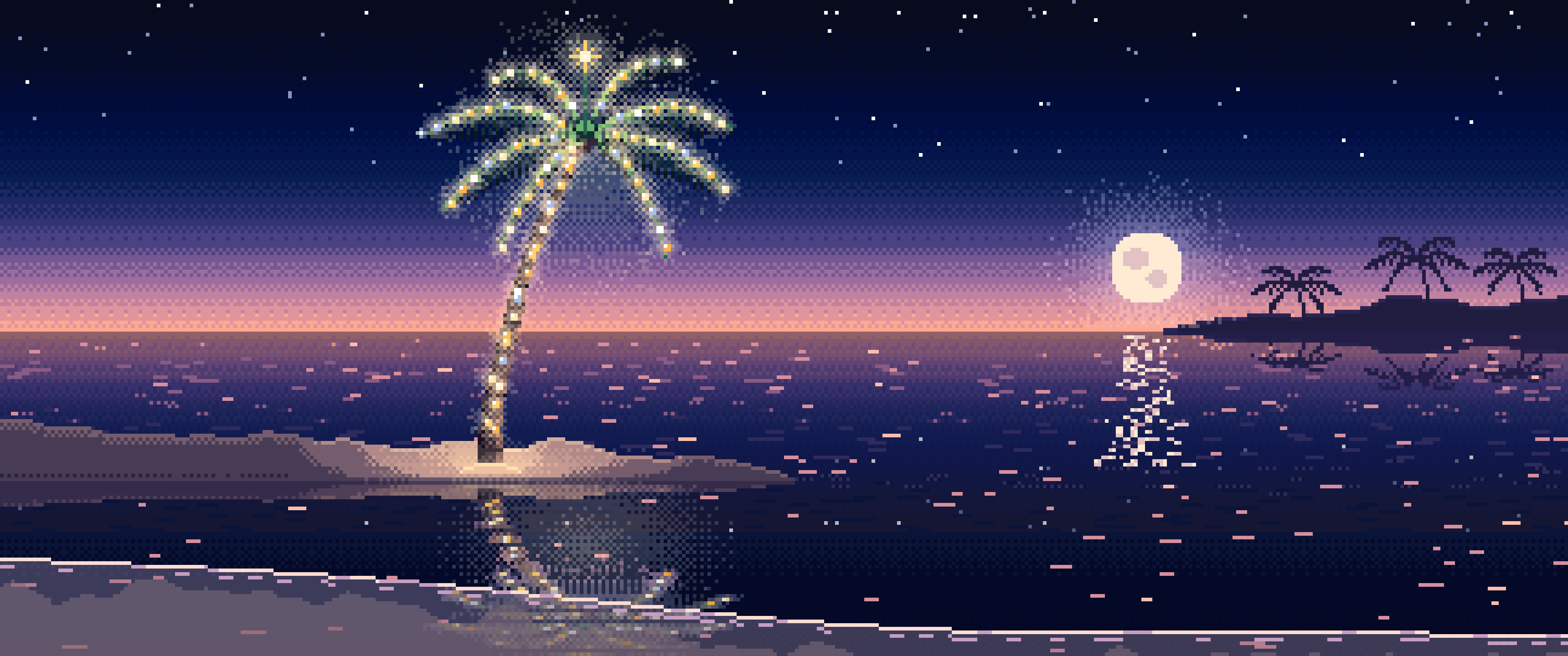 Navy Pixel Art Christmas Palm Tree on the Beach ultrawide wallpaper, 3440 × 1440