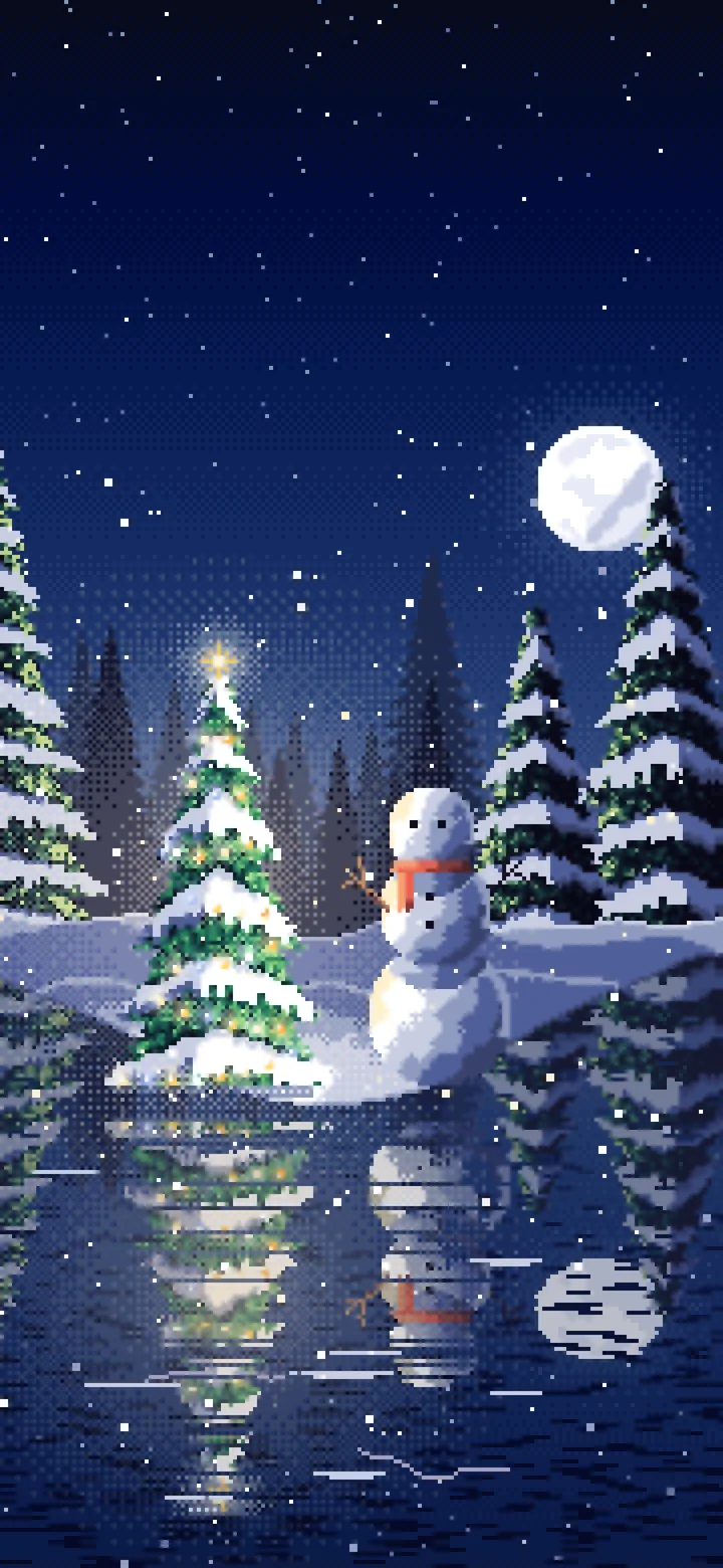 Navy Pixel Art Christmas Snowman by a Frozen Pond wallpaper for iPhone and Android