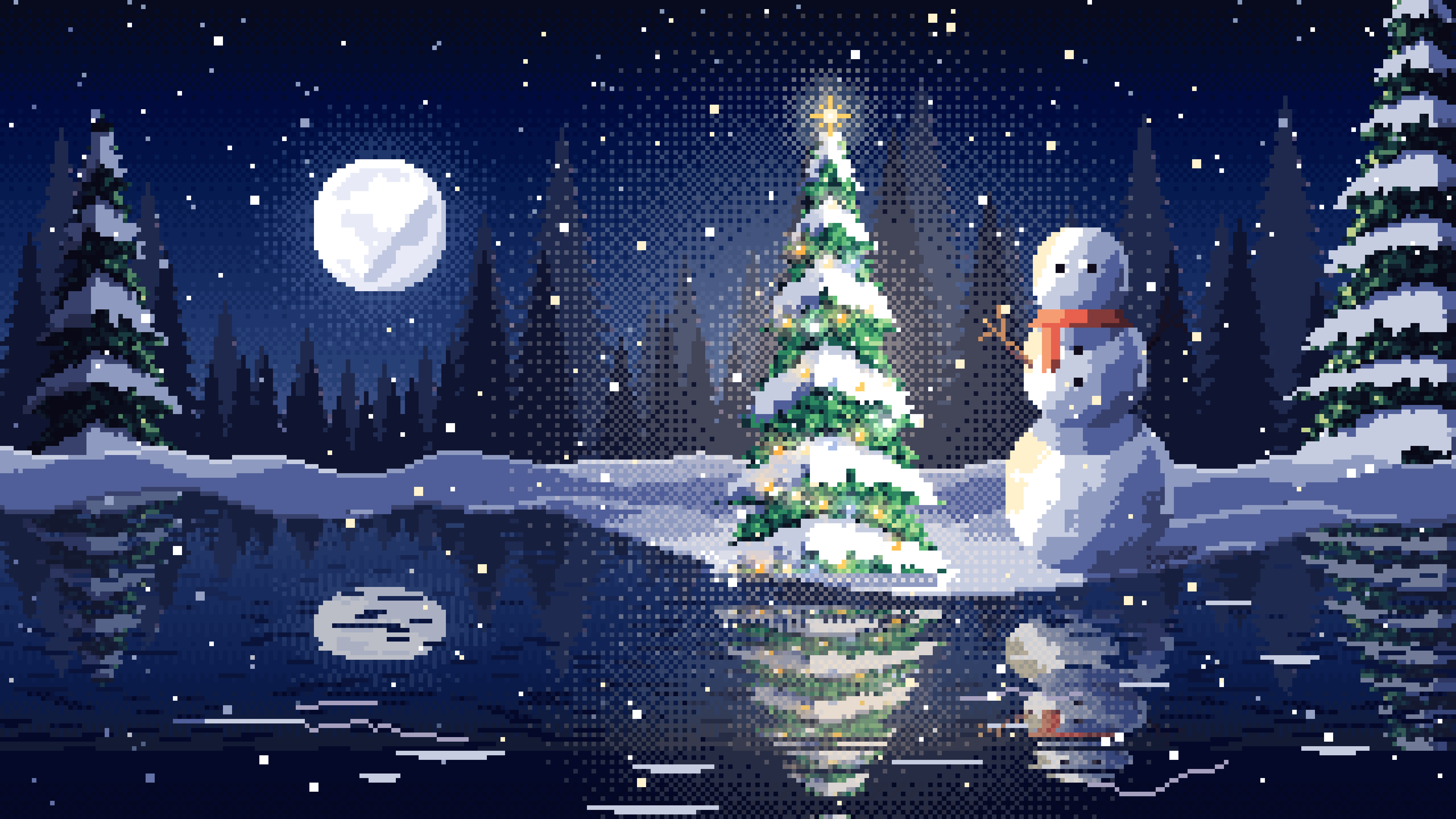 Navy Pixel Art Christmas Snowman by a Frozen Pond desktop wallpaper in 4K