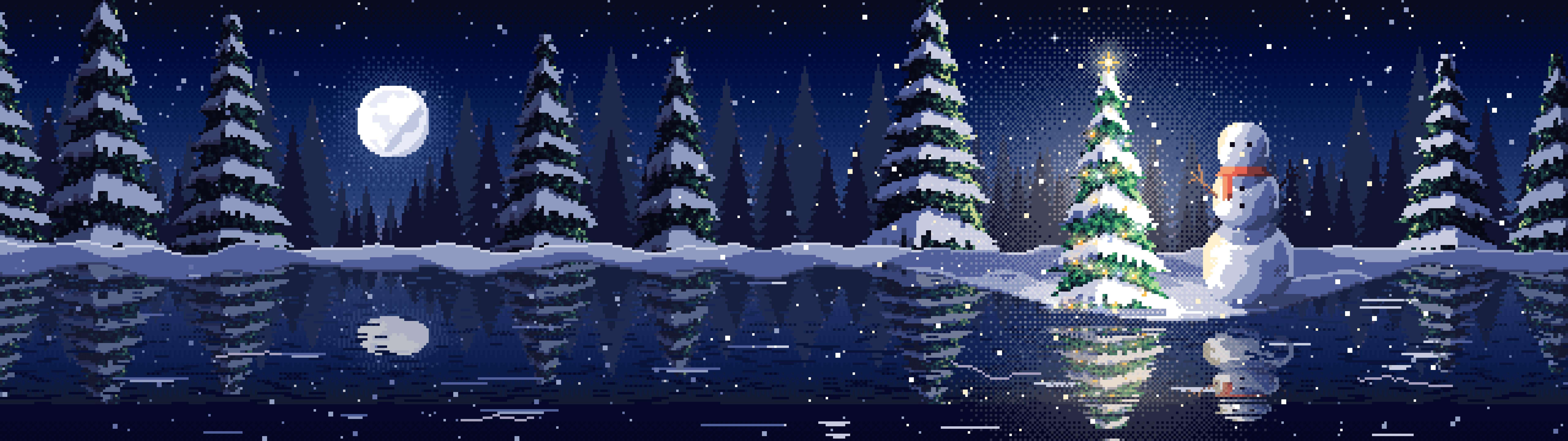 Navy Pixel Art Christmas Snowman by a Frozen Pond dual monitor wallpaper, 7680 × 2160