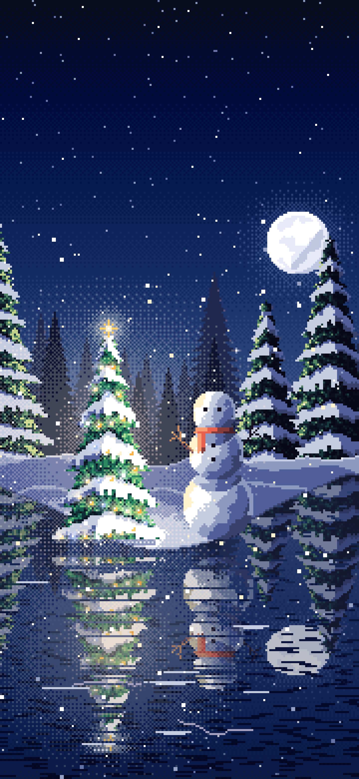 Navy Pixel Art Christmas Snowman by a Frozen Pond wallpaper for iPhone and Android