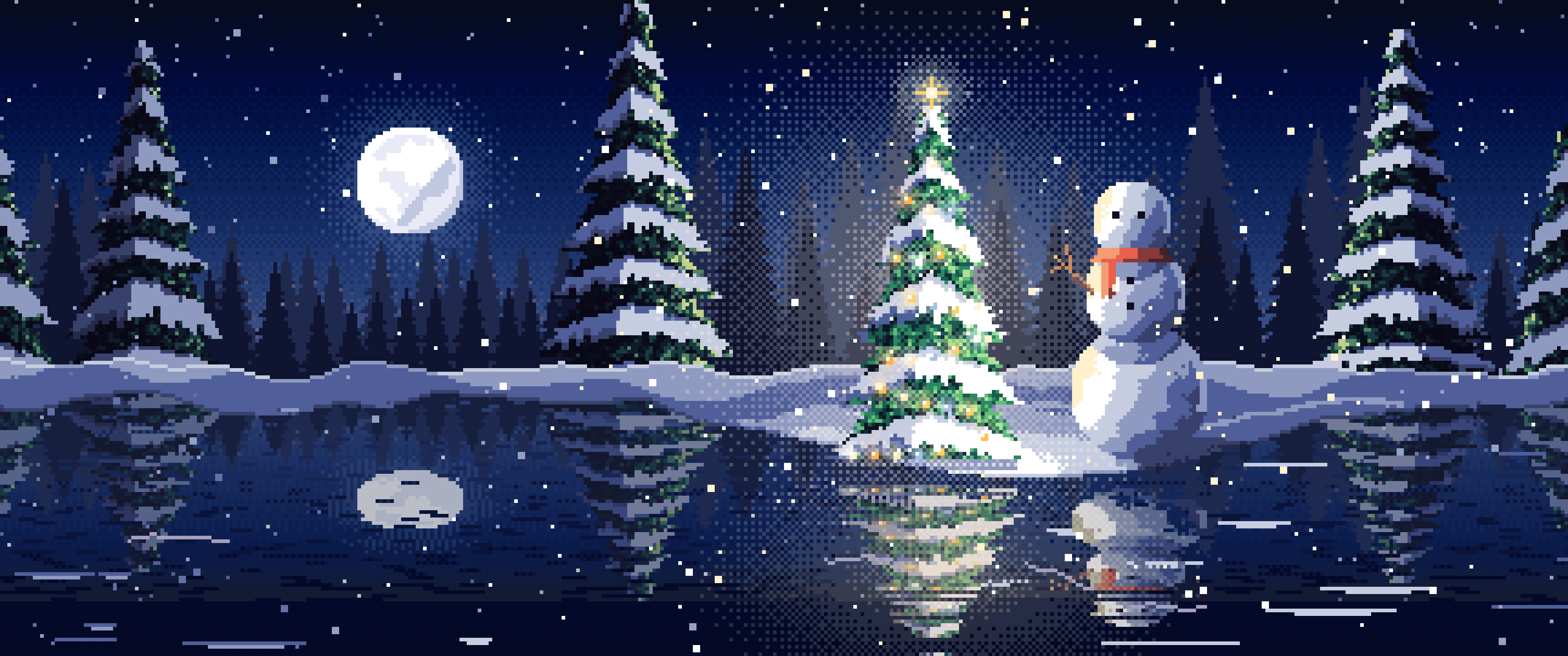 Navy Pixel Art Christmas Snowman by a Frozen Pond ultrawide wallpaper, 3440 × 1440