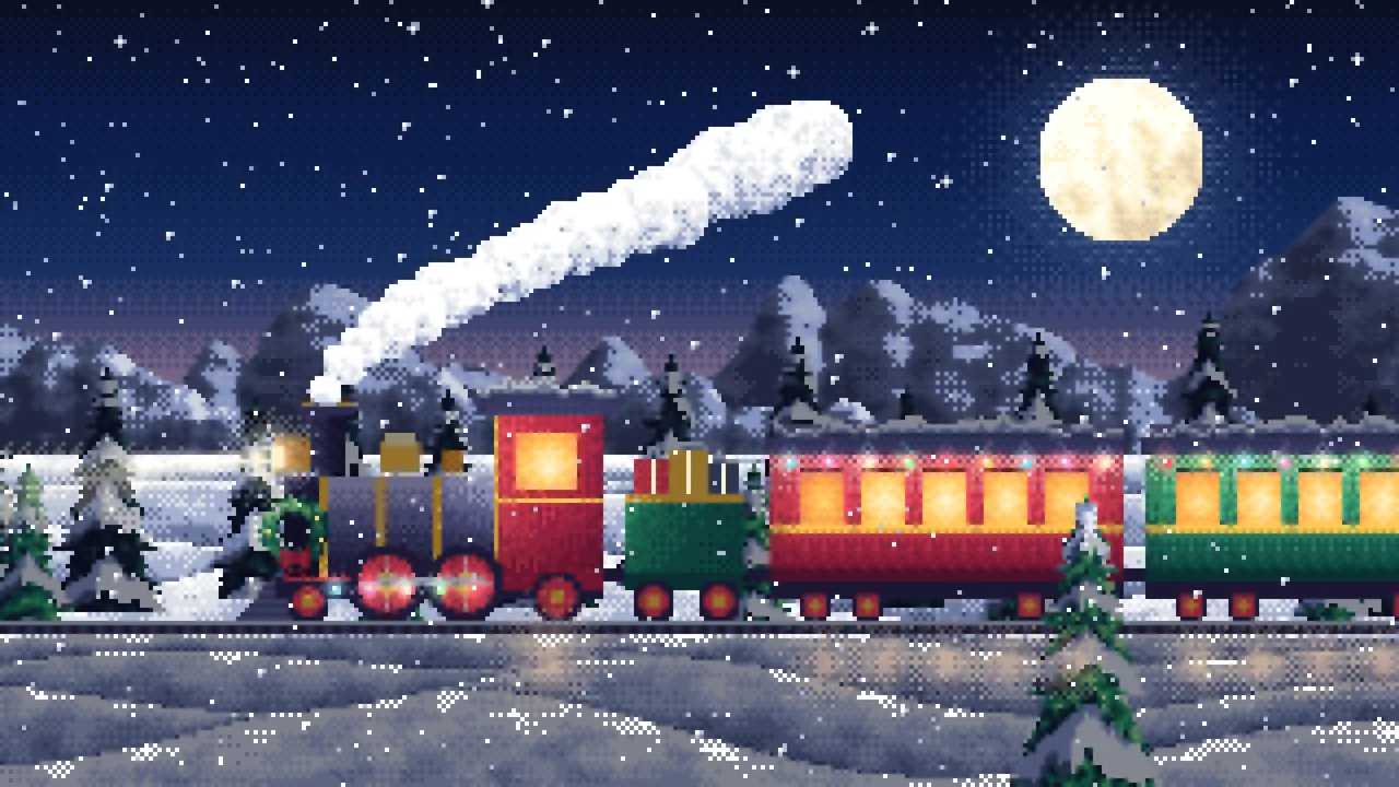 Navy Pixel Art Christmas Train in the Snow desktop wallpaper in 4K