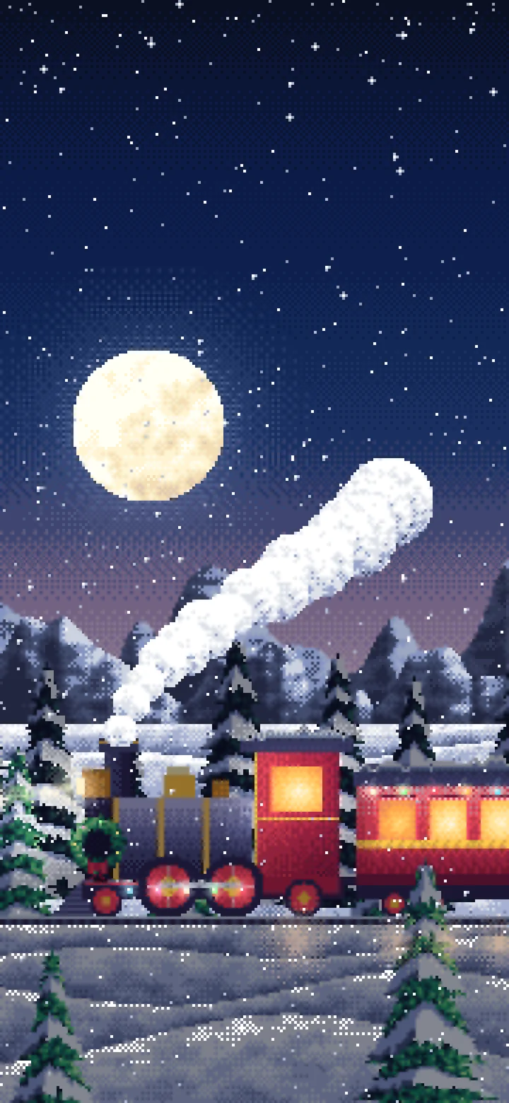 Navy Pixel Art Christmas Train in the Snow wallpaper for iPhone and Android