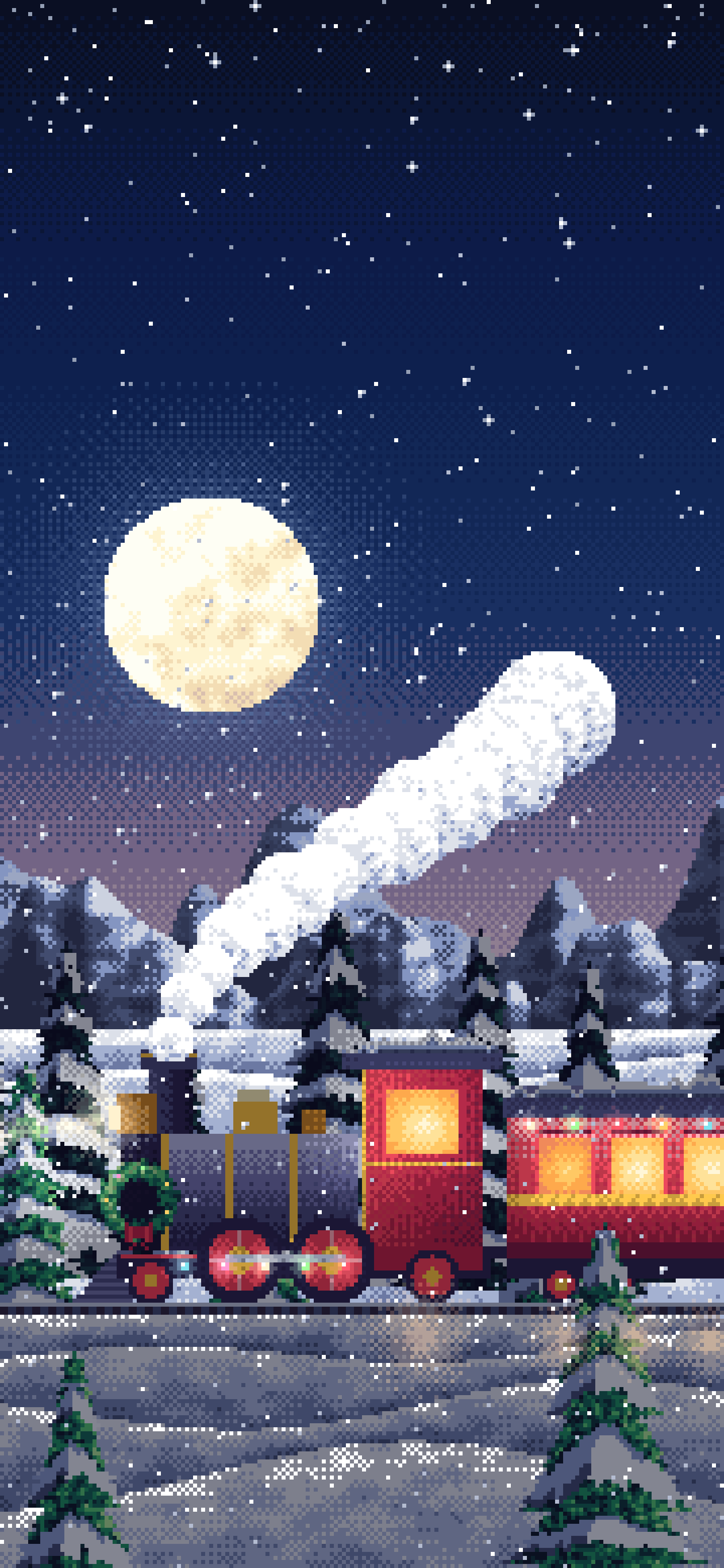 Navy Pixel Art Christmas Train in the Snow wallpaper for iPhone and Android