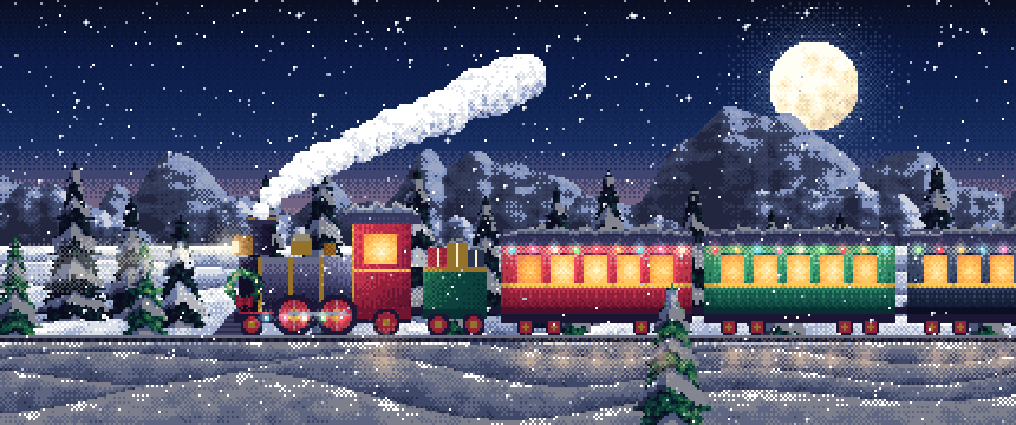 Navy Pixel Art Christmas Train in the Snow ultrawide wallpaper, 3440 × 1440