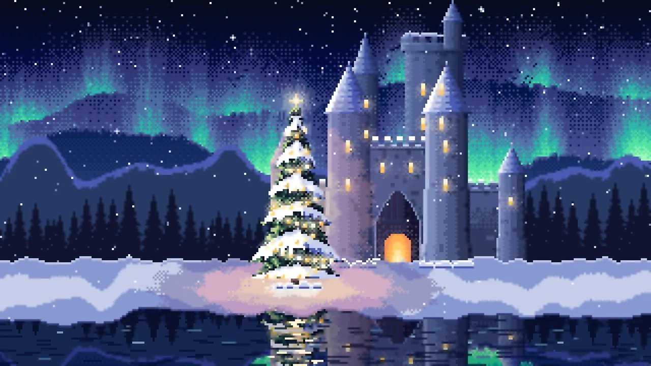 Navy Pixel Art Christmas Tree at a Fantasy Castle Gate desktop wallpaper in 4K