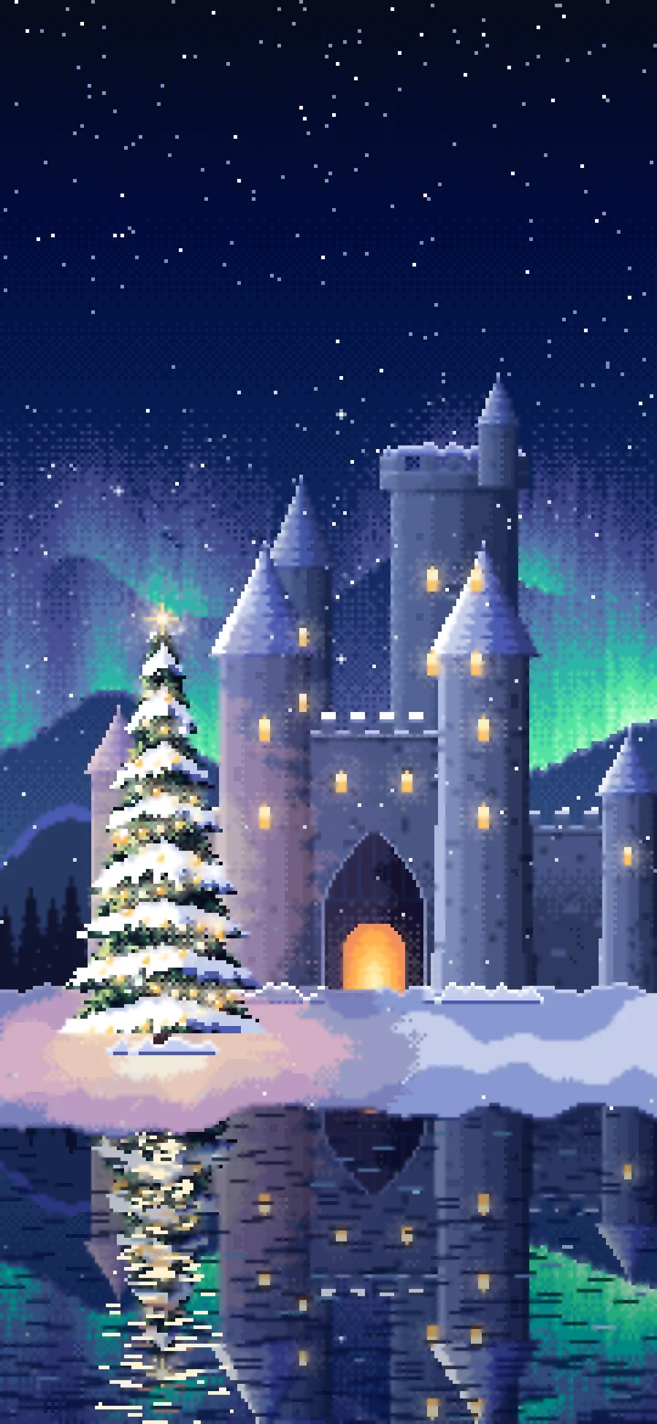 Navy Pixel Art Christmas Tree at a Fantasy Castle Gate wallpaper for iPhone and Android