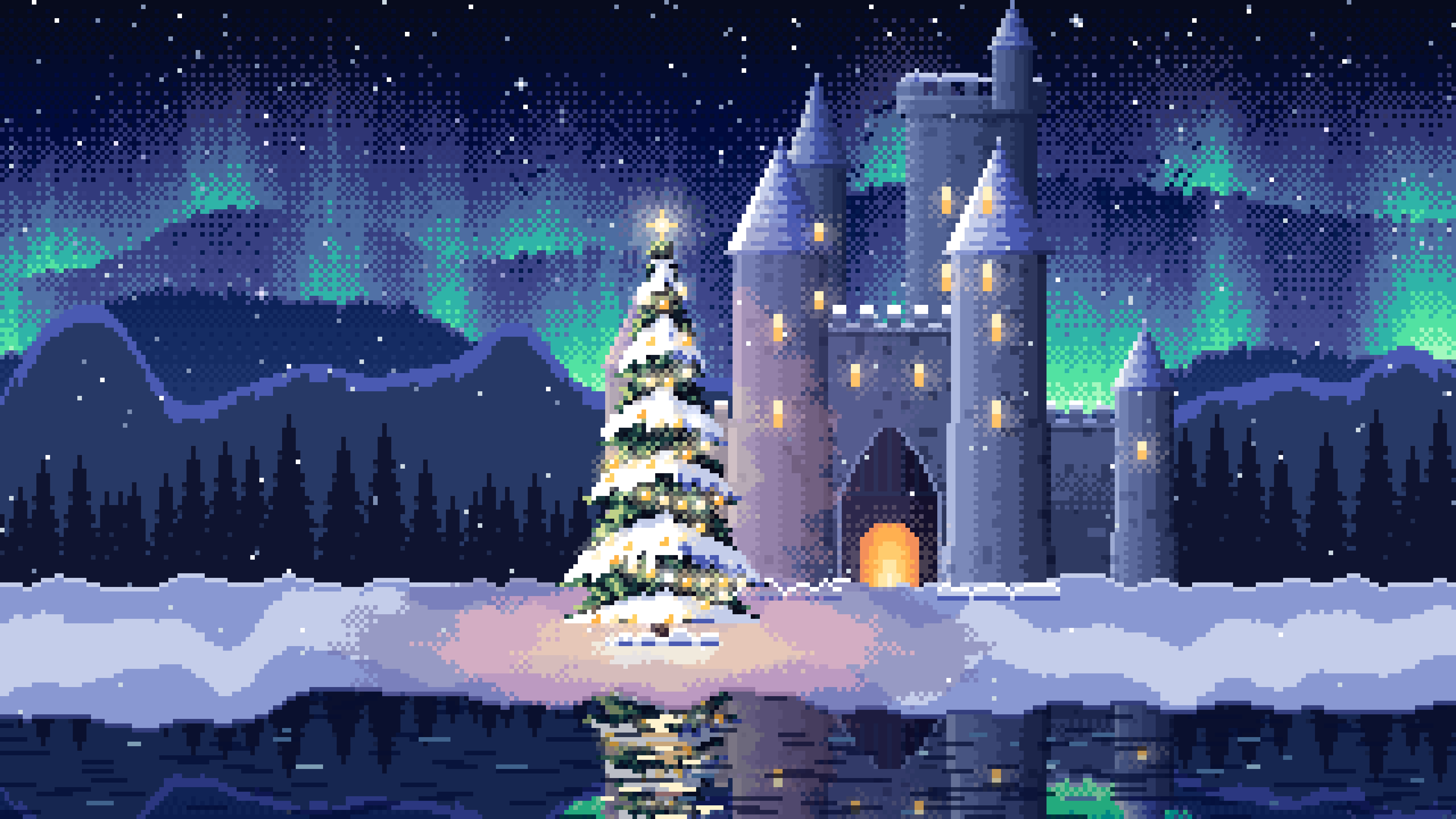 Navy Pixel Art Christmas Tree at a Fantasy Castle Gate desktop wallpaper in 4K