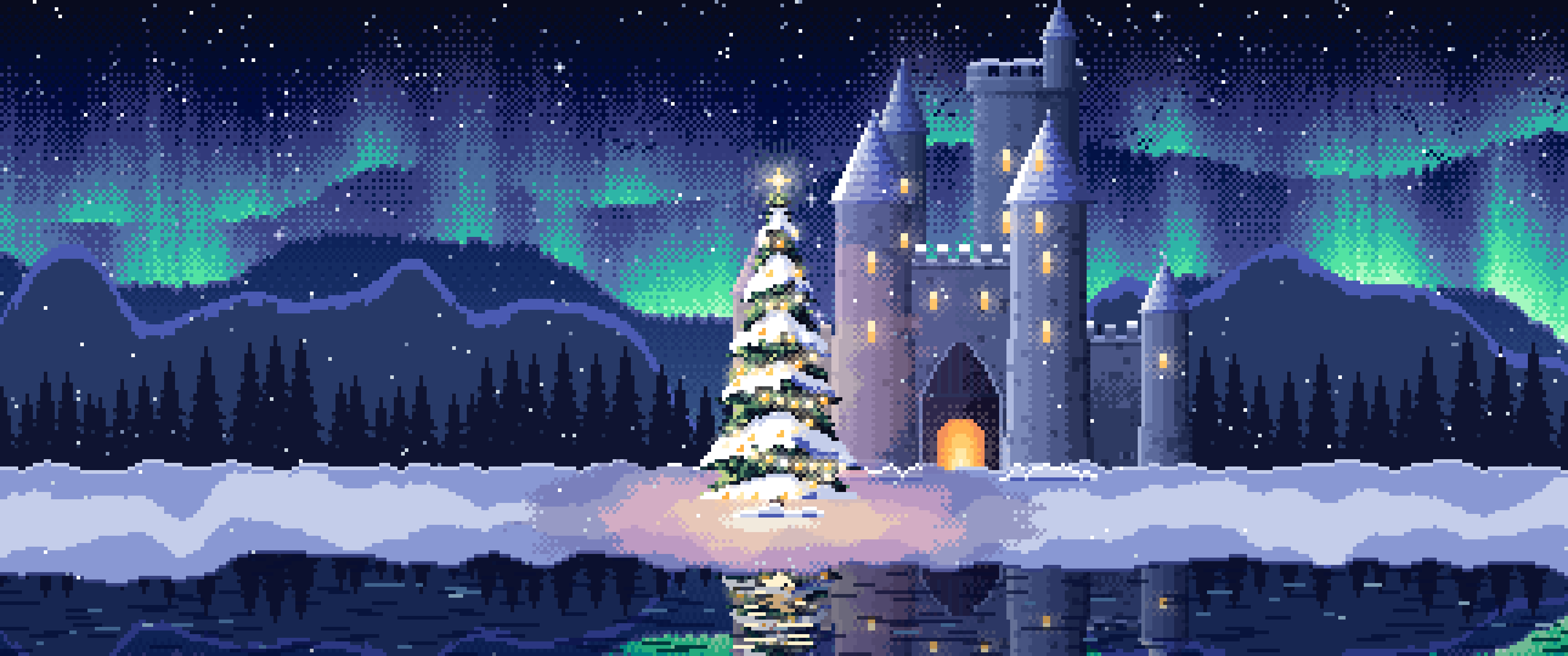Navy Pixel Art Christmas Tree at a Fantasy Castle Gate ultrawide wallpaper, 3440 × 1440