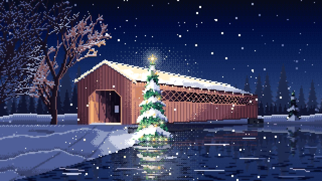Navy Pixel Art Christmas Tree at a Snowy Covered Bridge desktop wallpaper in 4K