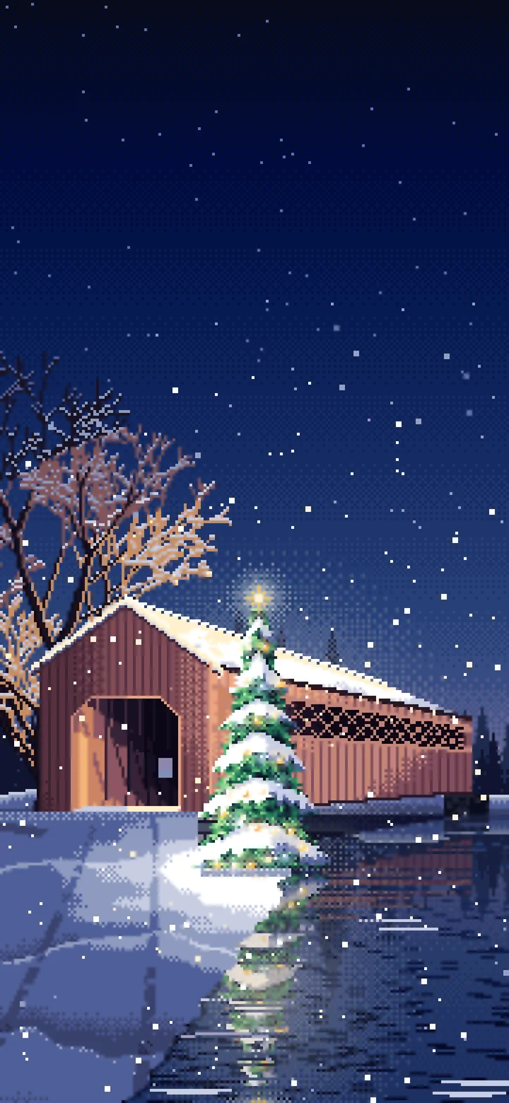 Navy Pixel Art Christmas Tree at a Snowy Covered Bridge wallpaper for iPhone and Android
