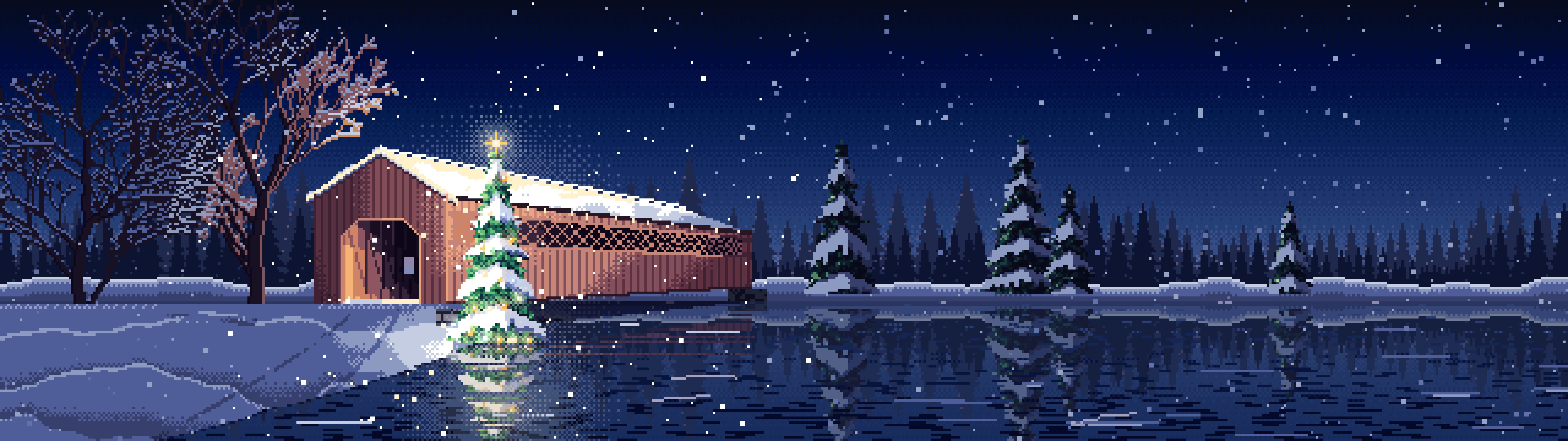 Navy Pixel Art Christmas Tree at a Snowy Covered Bridge dual monitor wallpaper, 7680 × 2160